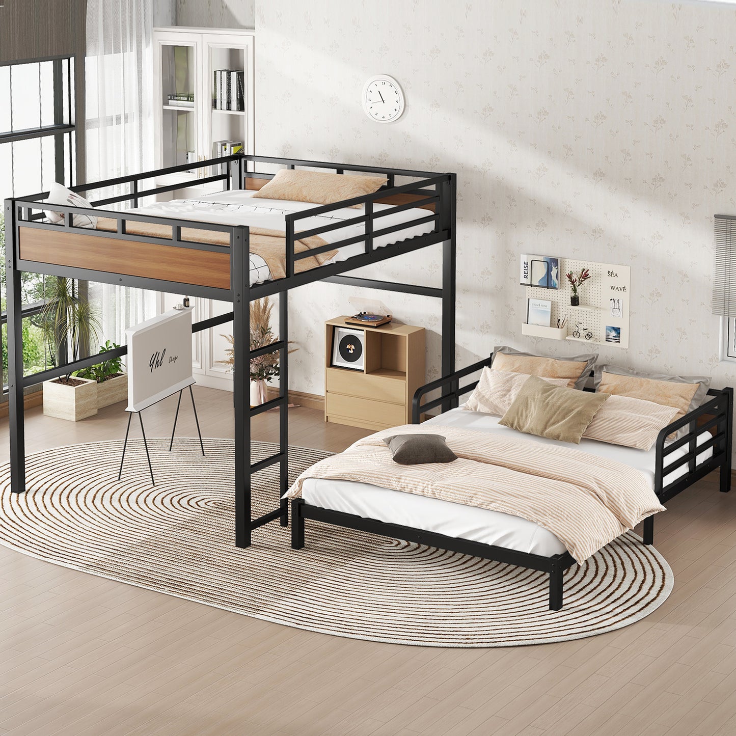 Queen over Queen Metal Bunk Bed/Metal Loft Bed,Separable Bunk Beds,with raised security fence,Walnut Color image 3