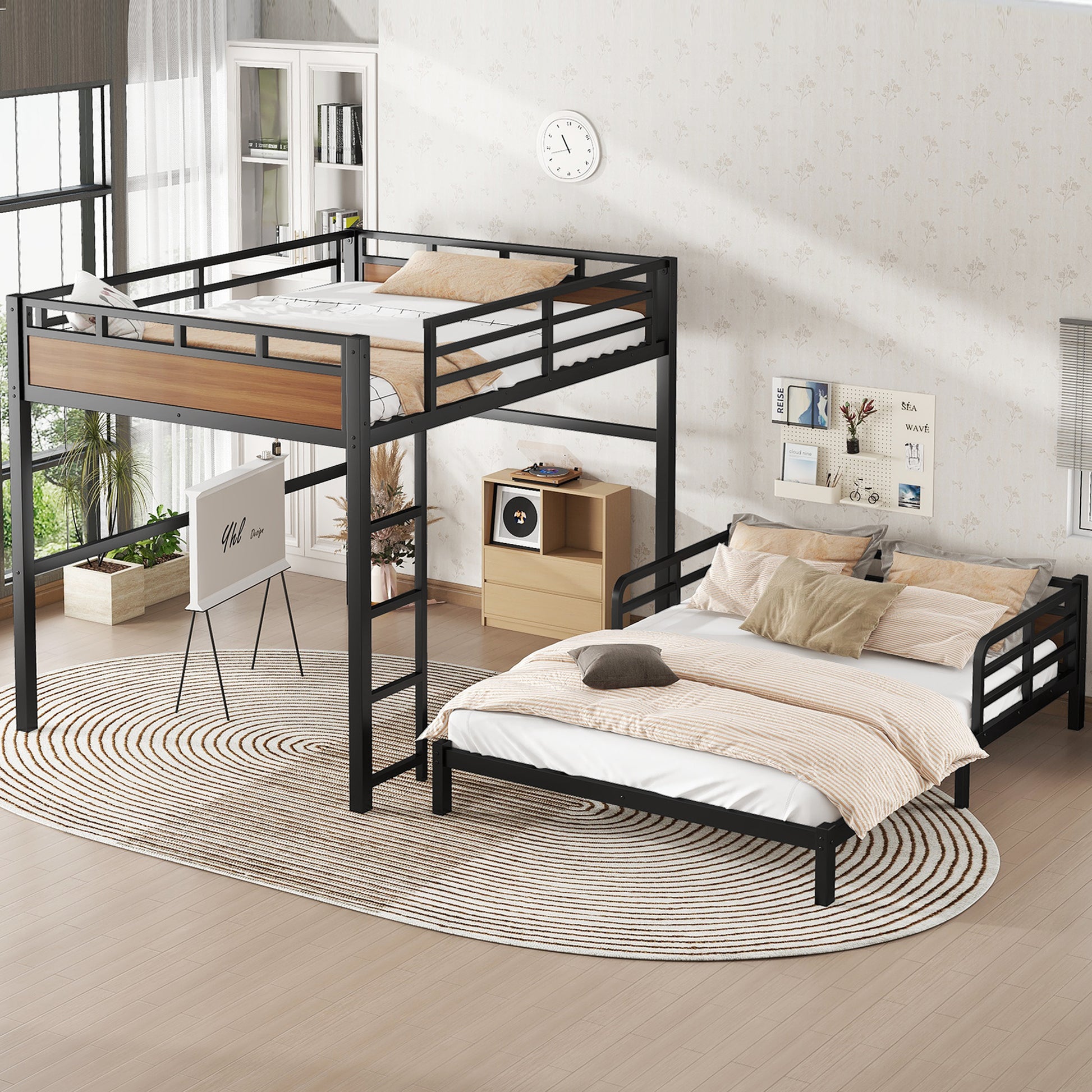 Queen over Queen Metal Bunk Bed/Metal Loft Bed,Separable Bunk Beds,with raised security fence,Walnut Color image 3
