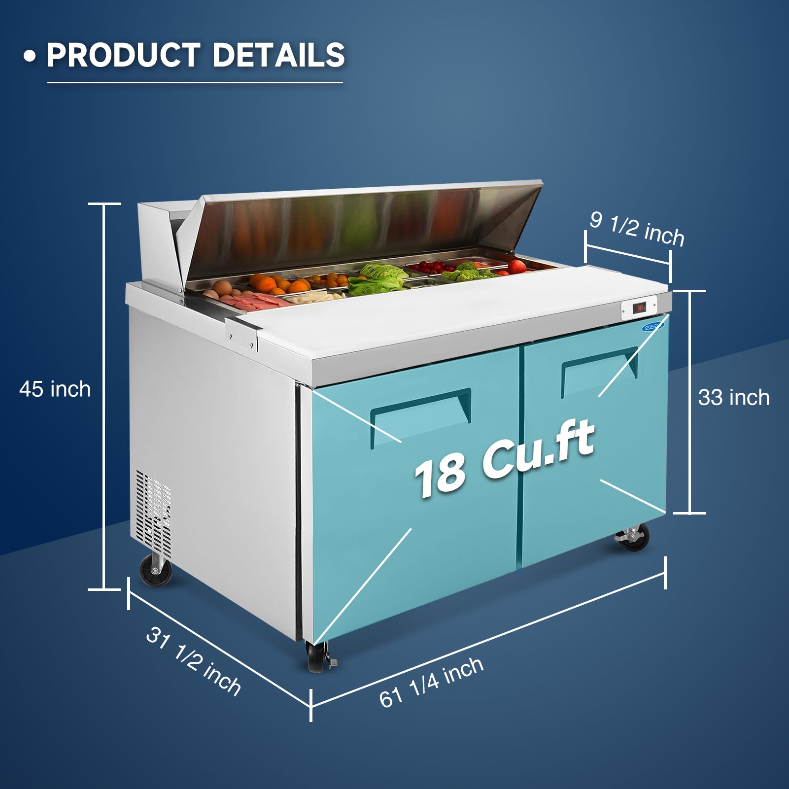 Orikool 60 IN Commercial Refrigerators Sandwich&Salad Prep Table with a Butcher Block Cutting Board, Protection Lid, Cold Storage, ETL Certified image 3