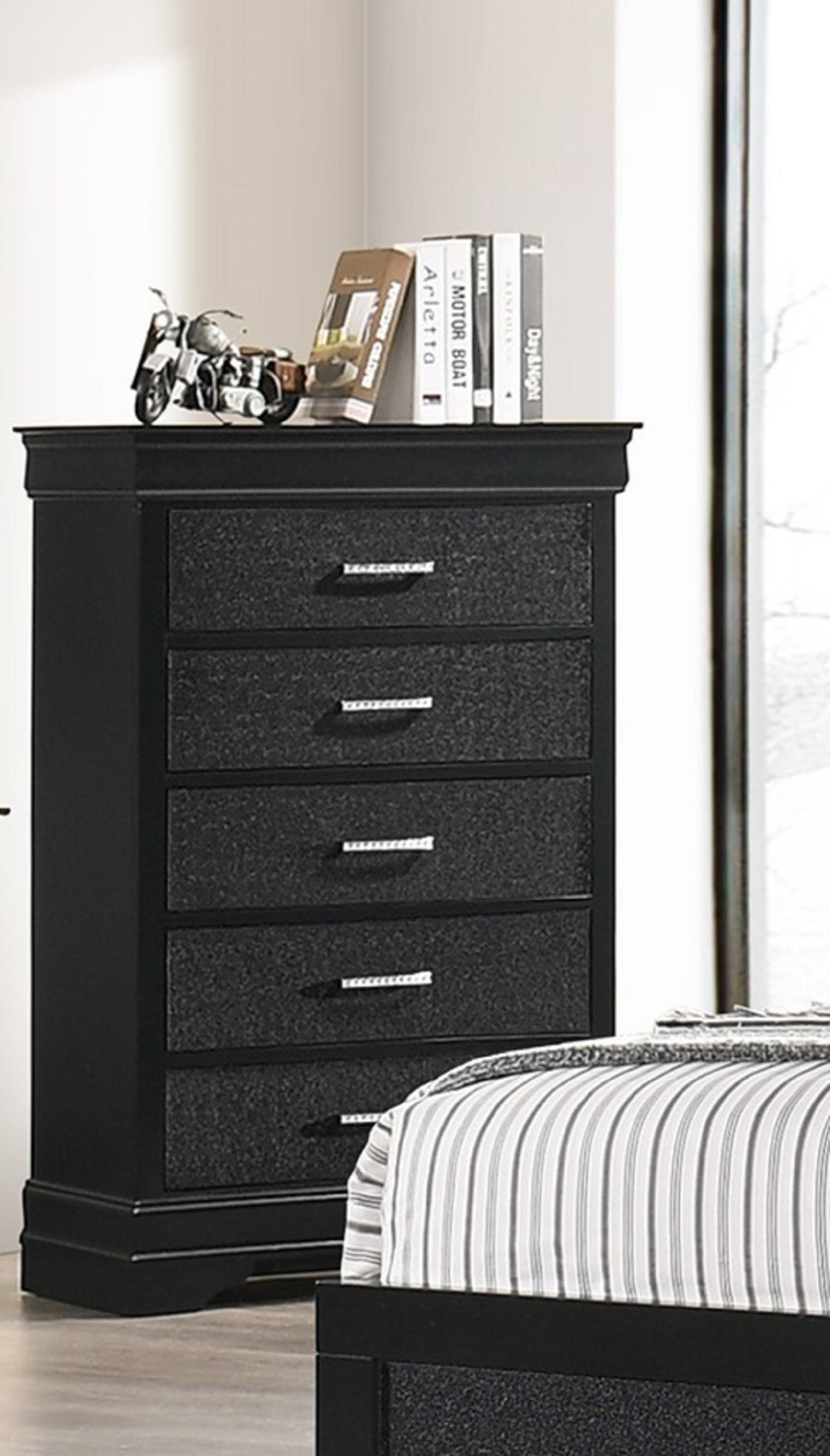 Modern 1pc Black Finish 5-Drawer Tall Chest Wooden Textured Finish Crystal Tufted Handle Furniture image 1