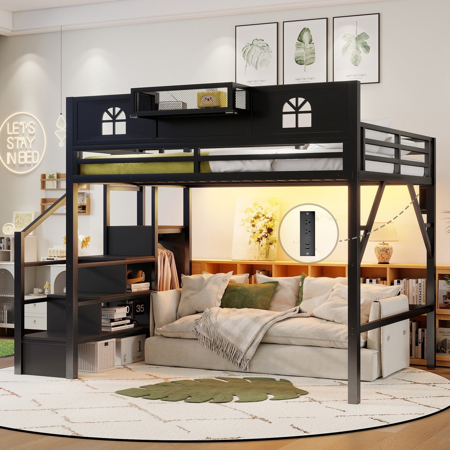 Queen Size Loft Bed with Stairs, Metal Queen Loft Bed with High and House Shaped Guardrails, High Loft Bed with Wardrobe for Kids Teens, black(Old SKU W2593S00061) image 1