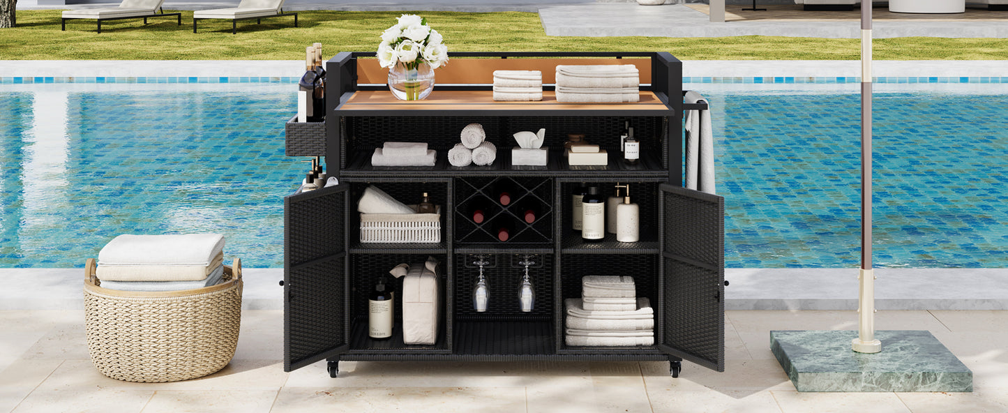 K&K 52.8"W Wicker Outdoor Grill Cart with Extended Plastic Wood Table Top, Rolling Kitchen Island on Wheels with Storage Cabinet, for Patio Backyard Garden Poolside, Double Handle Design, Black Brown image 9