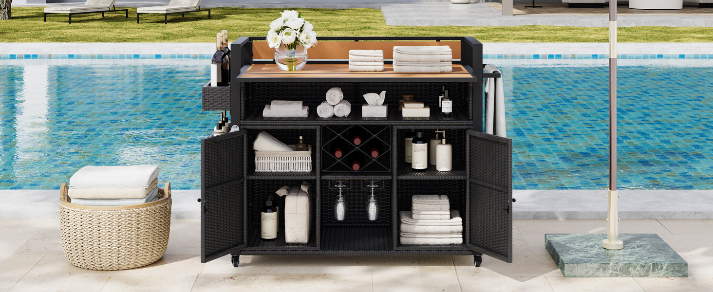 K&K 52.8"W Wicker Outdoor Grill Cart with Extended Plastic Wood Table Top, Rolling Kitchen Island on Wheels with Storage Cabinet, for Patio Backyard Garden Poolside, Double Handle Design, Black Brown image 9