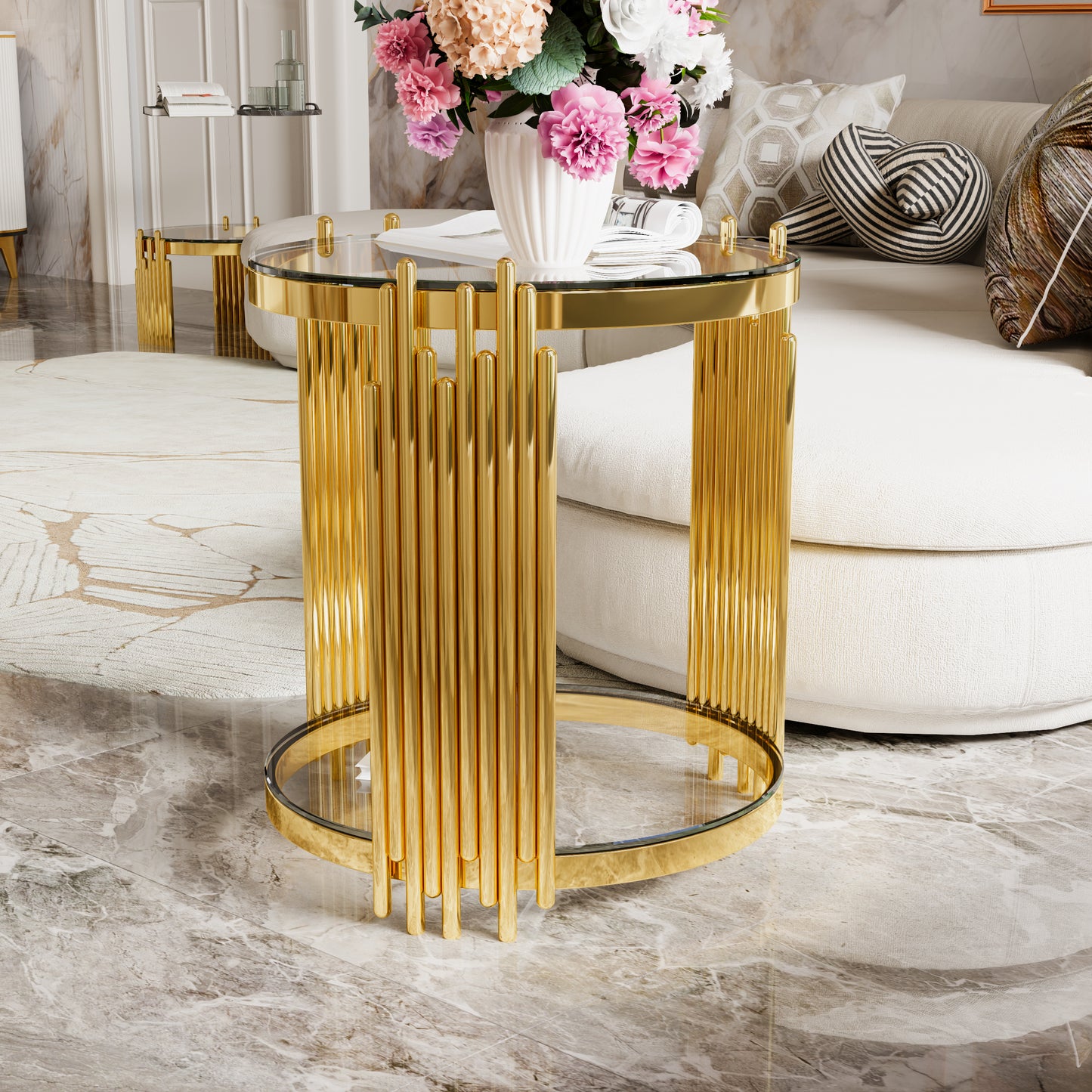 Modern Transparent Glass End Table for Living Room, Round, Asymmetrical Metal, Gold Finish & Lower Shelf, 19.8" image 2