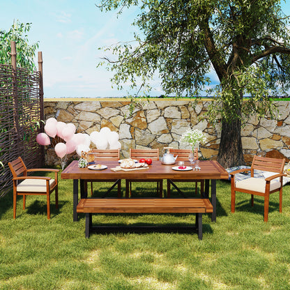 GO Outdoor Wood Dining Set For 7-8 Person, Outdoor Dining Furniture With Removable Cushions, Ergonomic Chairs And Bench, Thicker Table, Nature image 2