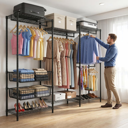 Heavy Duty Clothes Rack, Freestanding Garment Rack with 4 Hanging Rods & 2 Wire Baskets, Large Size Clothing Rack with Adjustable Wire Shelves, 68.5" W x 17.1" D x 76.4" H, Black image 10