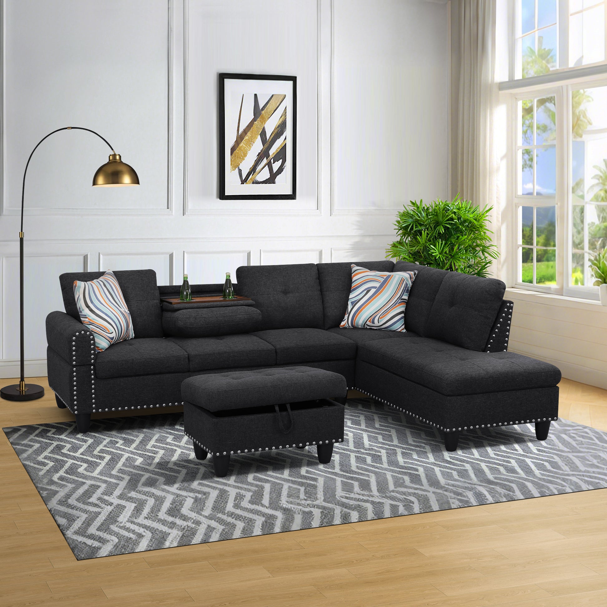 L shape Sectional Sofa Chair with cup holder - Black-Right image 4
