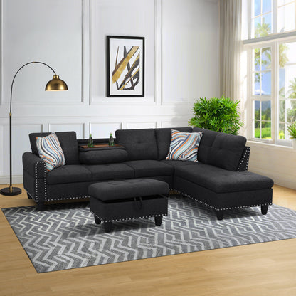 L shape Sectional Sofa Chair with cup holder - Black-Right image 4