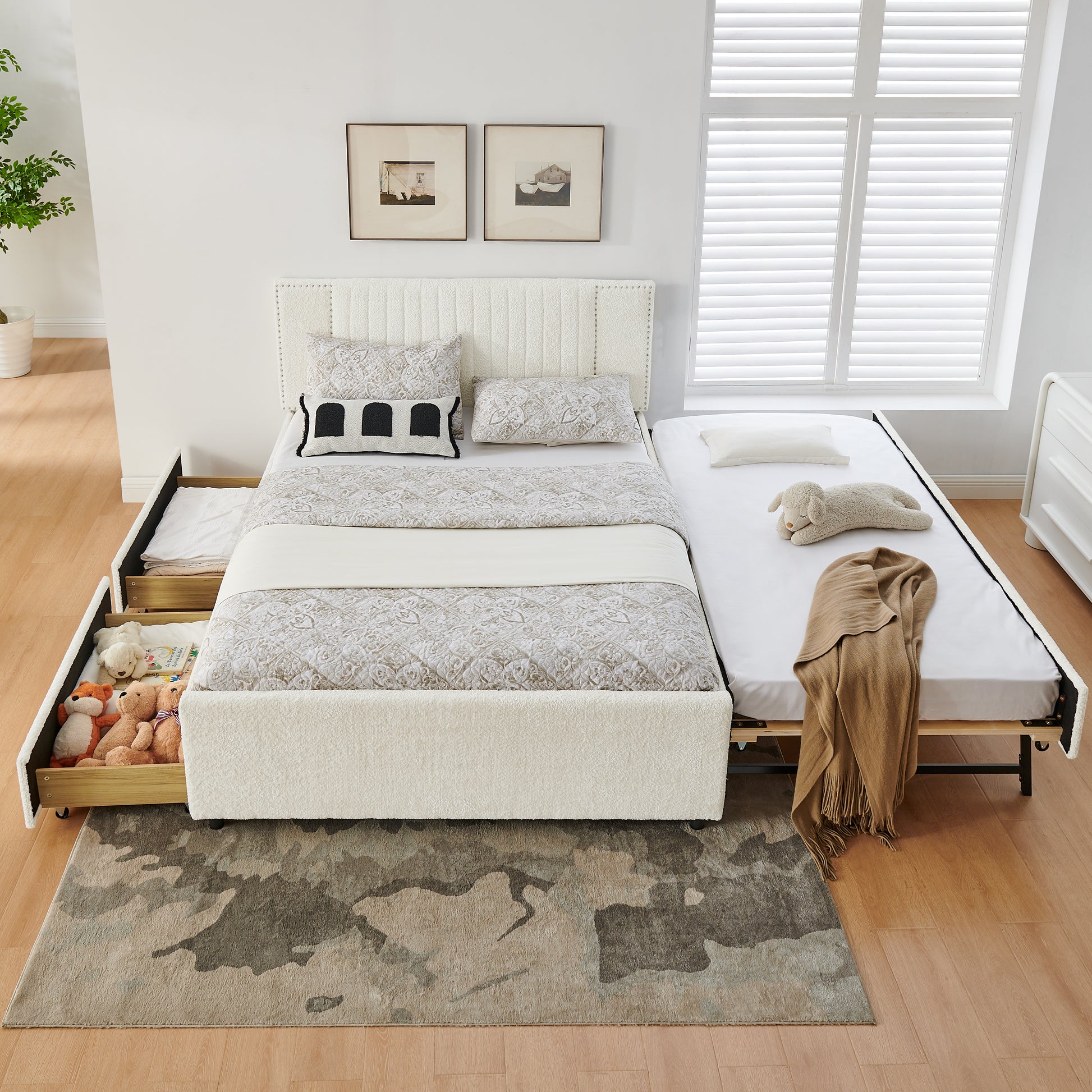 Queen Size Vertical Channel Tufted Headboard & Nailhead Trim Space Saving Upholstered Bed, Multi-functional Design with 2 Storage Drawers and Pull-out Trundle Bed, Chenille image 6