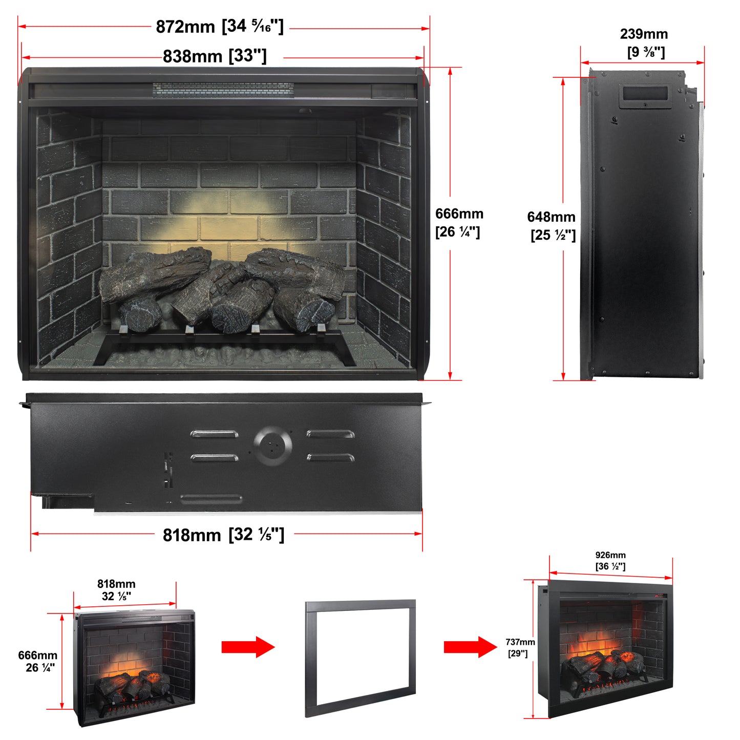 33 inch Infrared Electric Fireplace with Removable Trim kit Insert, Touch Panel Home Decor Heater image 10
