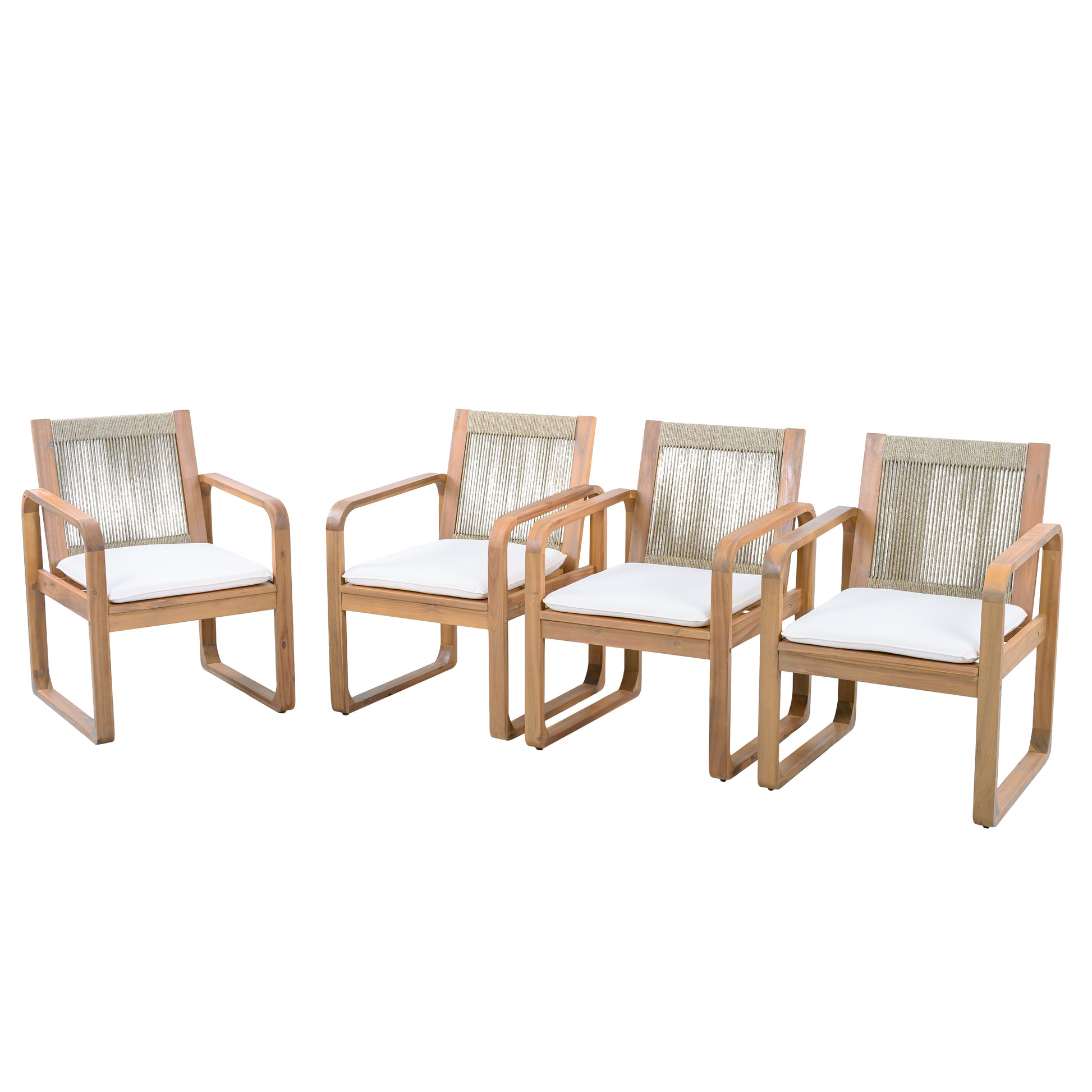 2-Piece Outdoor Dining Chairs Set: Acacia Wood with Multi Brown Rope Back & Beige Cushion, Water Repellent Fabric, 400 lbs Capacity, Light Teak Finish image 4