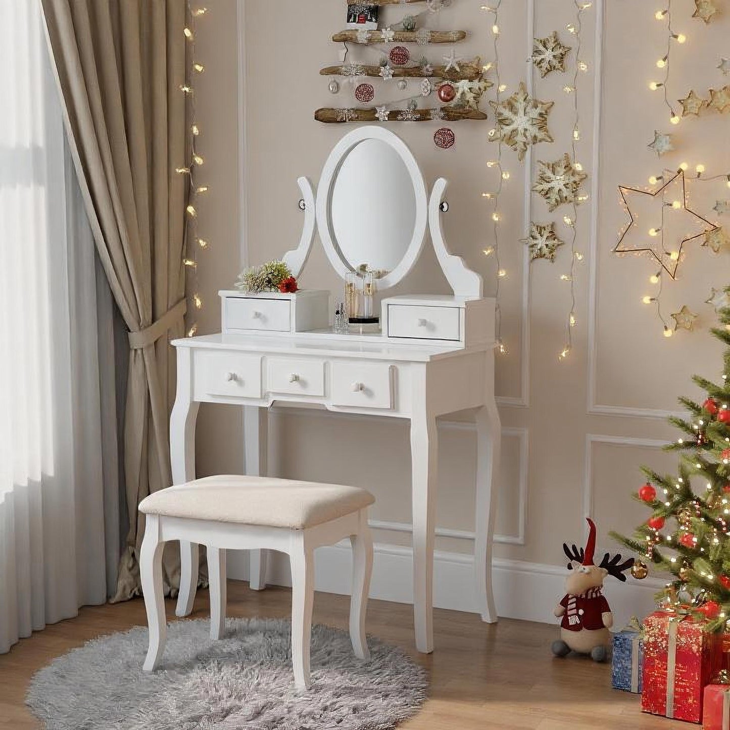 Ashley Wood Make-Up Vanity Table and Stool Set, White image 1