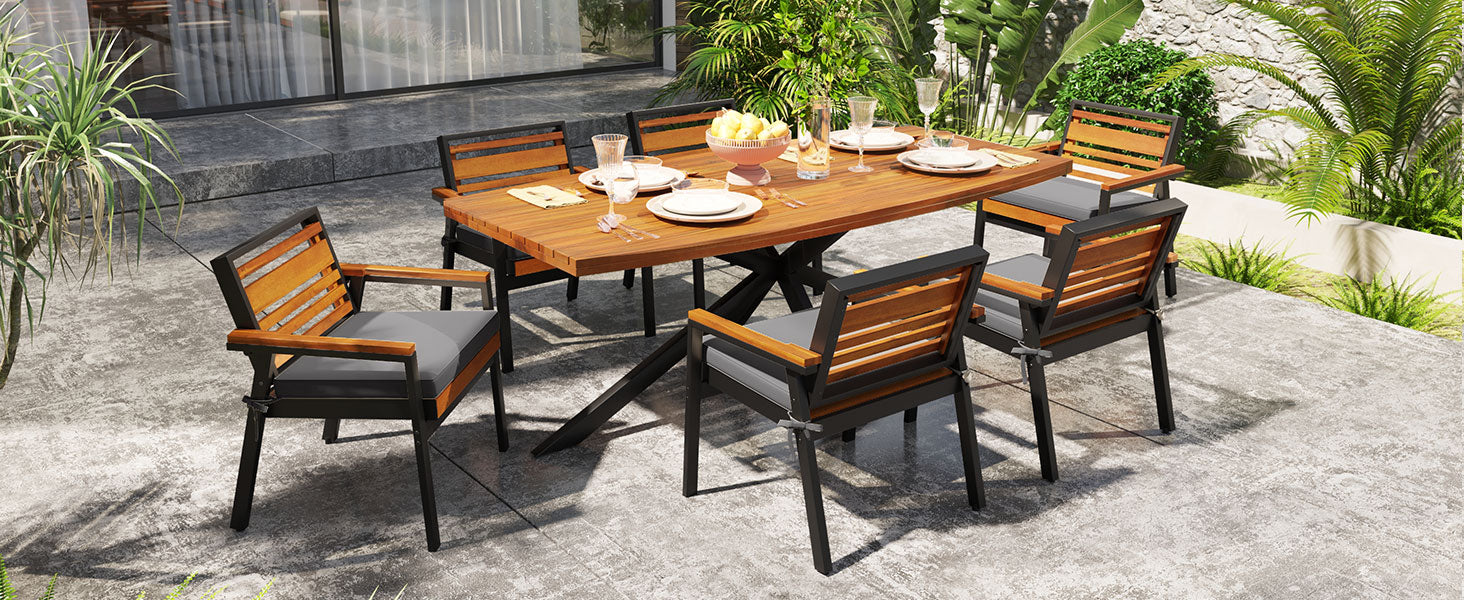 Modern 7-Piece Dining Set, Acacia Wood with Iron Frame, 6 Chairs with Dual-Layer Iron & Wood Seat Frame and Detachable Cushions, Outdoor/Indoor Furniture for Patio and Garden, Gray image 12