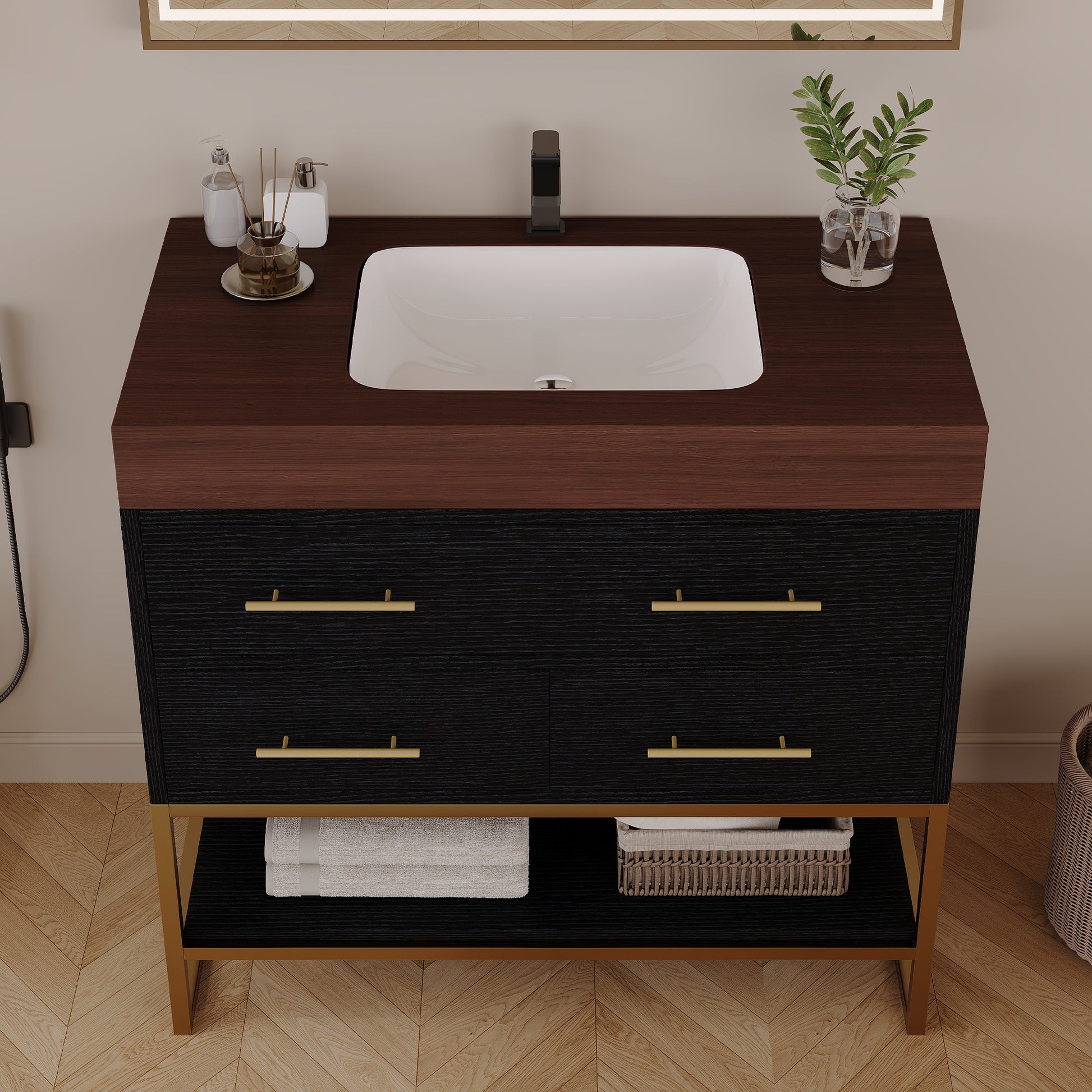 36" Artificial Stone Bathroom Vanity with Ceramic Sink, Modern Bathroom Sink Cabinet with Soft Close Drawers and Open Shelves, Free-standing Bathroom Vanity with Stainless Steel Legs and Large Space S image 3