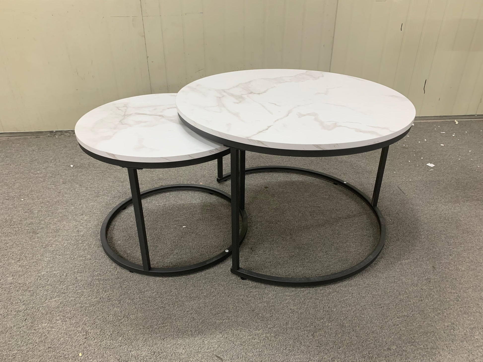 27.6" Nesting Coffee Table Set of 2, Round Coffee Table Wood Marble Pattern Top with Sturdy Metal Frame, End Table Side Tables for Living Room Bedroom Balcony Yard (White) image 4