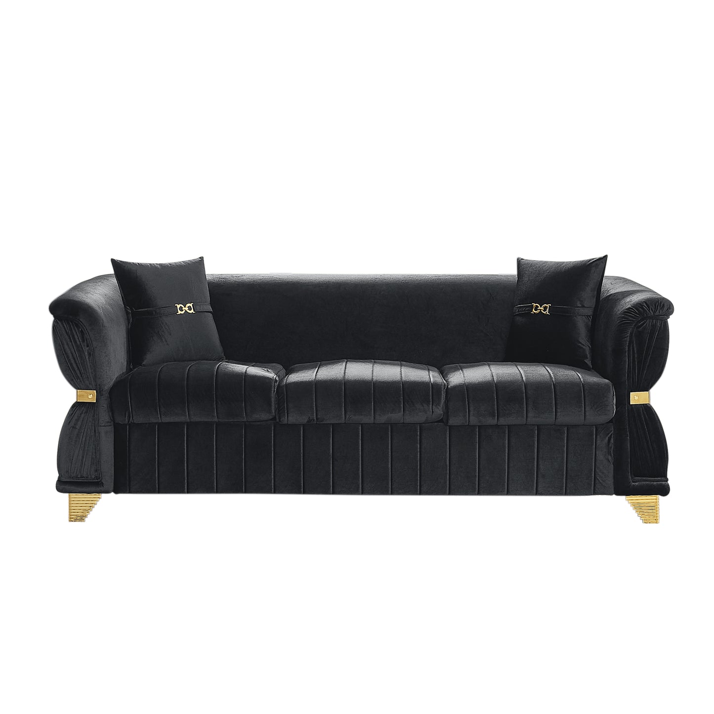 83.5"Modern Velvet 3-Seater Sofa with 2 Pillows, Upholstered Accent Couch with Gold Metal Trim, Tapered Gold-Tone Legs & Curved Armrests for Living Room, Bedroom & Apartment, Black image 9