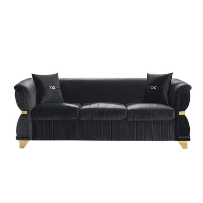 83.5"Modern Velvet 3-Seater Sofa with 2 Pillows, Upholstered Accent Couch with Gold Metal Trim, Tapered Gold-Tone Legs & Curved Armrests for Living Room, Bedroom & Apartment, Black image 9