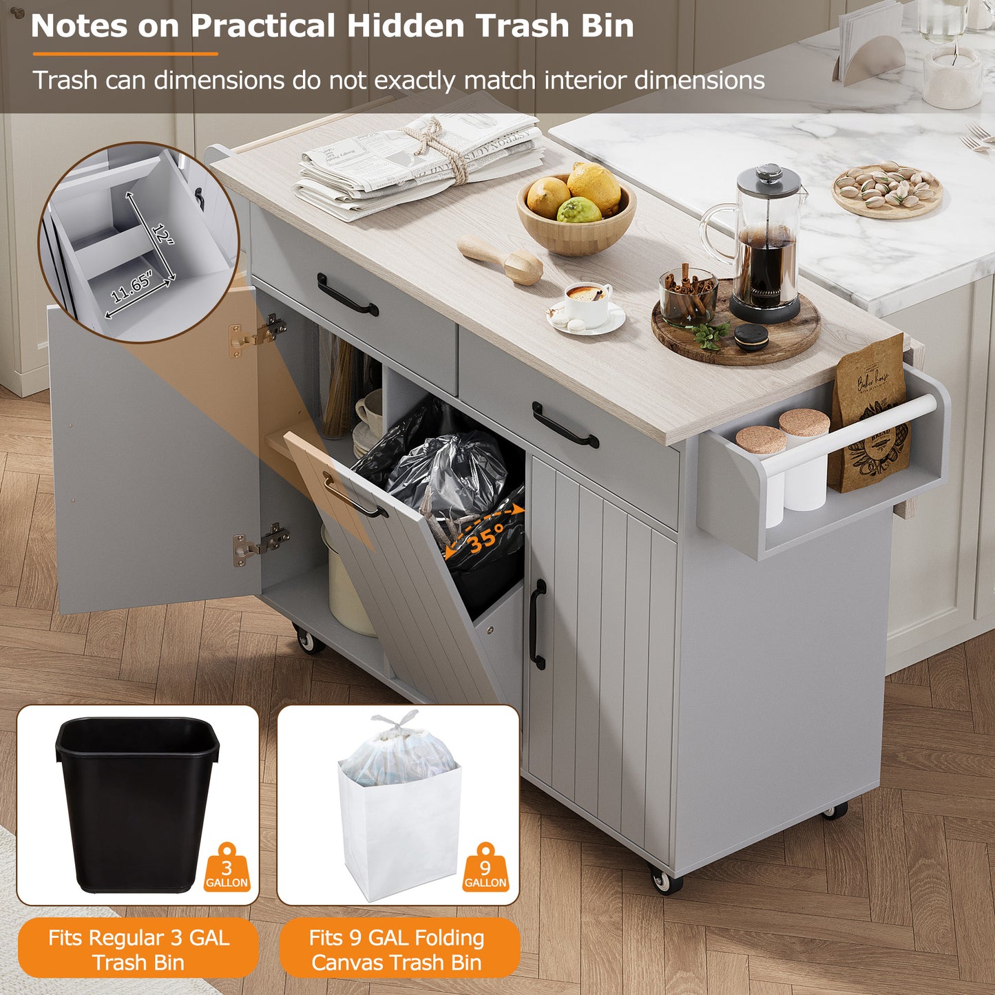 K&K Kitchen Island with Trash Can Storage Cabinet, Kitchen Cart with Drop Leaf, Spice Rack, Towel Rack and Drawer, Rolling Kitchen Island on Wheels with Adjustable Shelf, Grey image 12