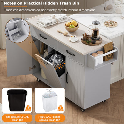 K&K Kitchen Island with Trash Can Storage Cabinet, Kitchen Cart with Drop Leaf, Spice Rack, Towel Rack and Drawer, Rolling Kitchen Island on Wheels with Adjustable Shelf, Grey image 12