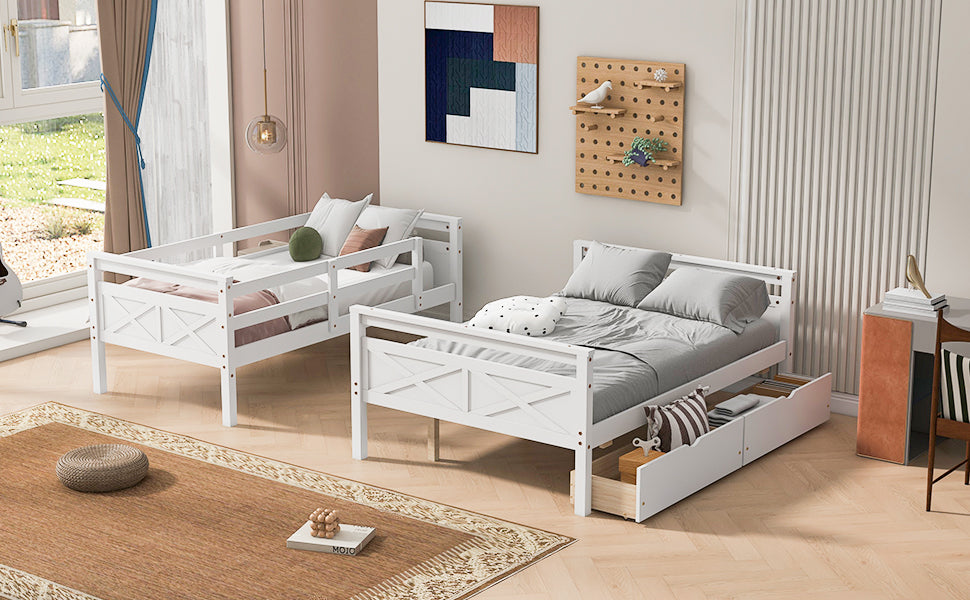 Twin over Full Bunk Bed with Ladder, Two Storage Drawers, Safety Guardrail, White image 5