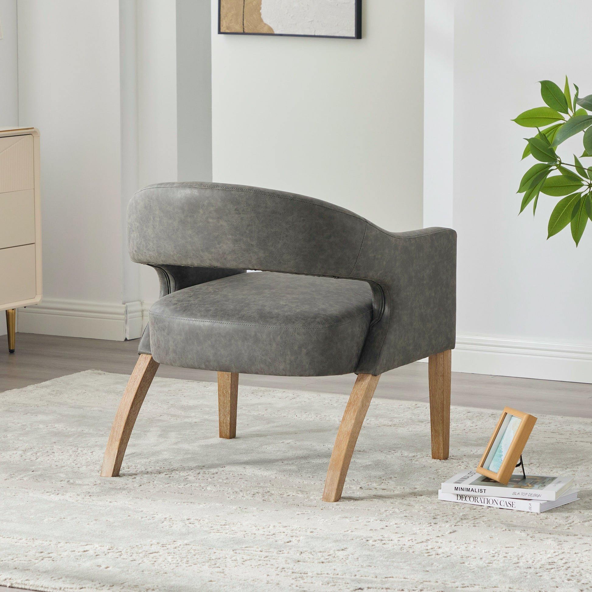 Modern Upholstered PU Open Back Accent Armchair Barrel Dining Chair with Weathered Rubberwood Legs, Hollow-Out Side Club Chair for Living Room Bedroom Restaurant Cafes Dining Room Reception,Gray image 6