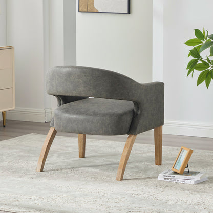 Modern Upholstered PU Open Back Accent Armchair Barrel Dining Chair with Weathered Rubberwood Legs, Hollow-Out Side Club Chair for Living Room Bedroom Restaurant Cafes Dining Room Reception,Gray image 6