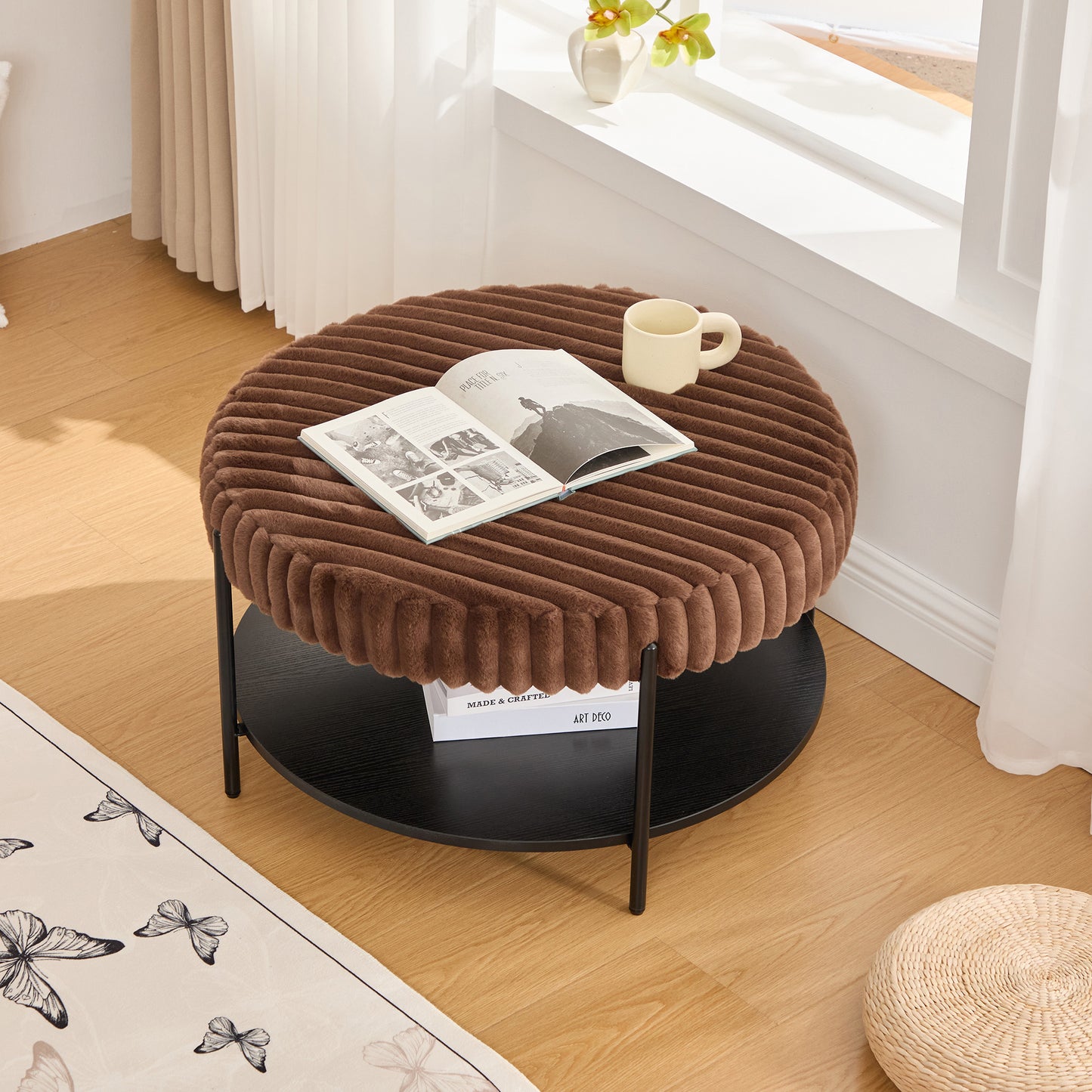 30.9"Wide Upholstered Round Ottoman Coffee Table Foot Rest with Black Metal Legs, Footstool with Wooden Open Storage Shelf,Faux Fur Footstool for Living Room Bedroom Entryway Hotel. Brown image 5