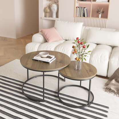 27.6" Nesting Coffee Table Set of 2, Round Coffee Table Wood Marble Pattern Top with Sturdy Metal Frame, End Table Side Tables for Living Room Bedroom Balcony Yard (Brown) image 10
