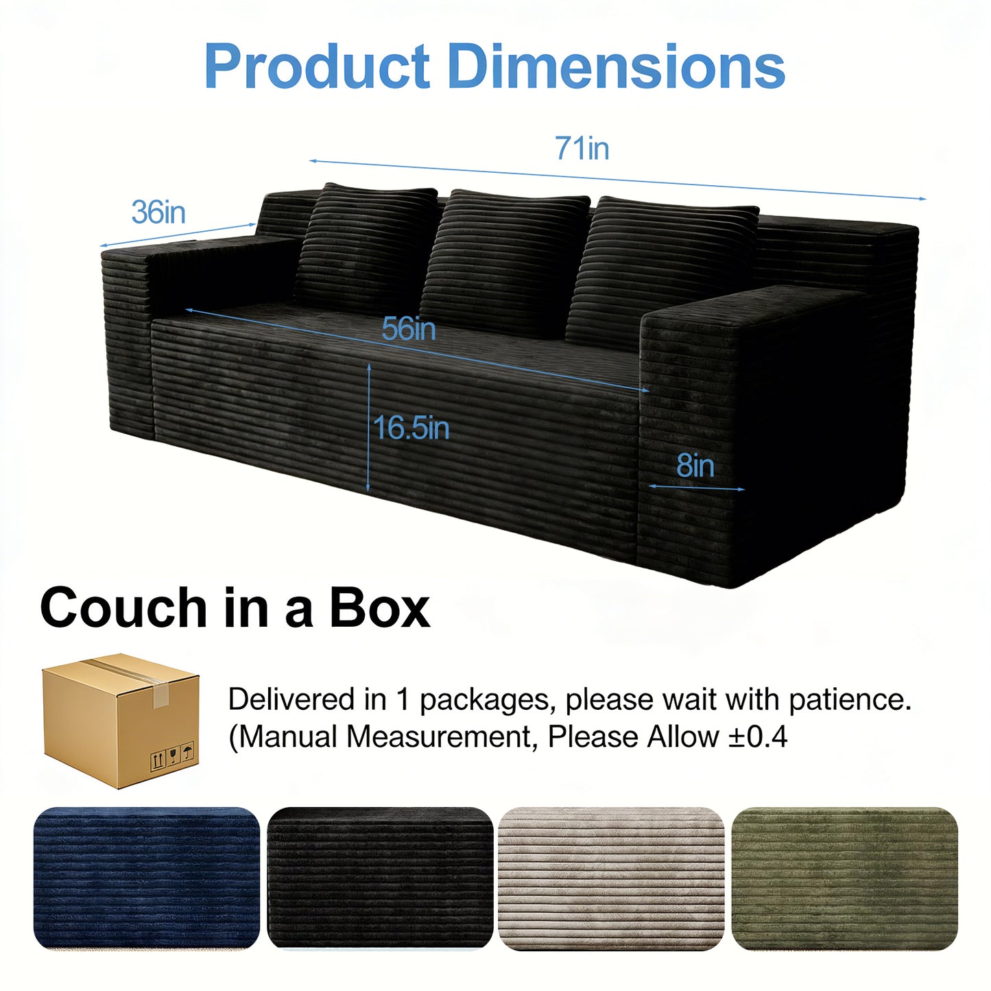 71" 3Setaser Sofa,Corduroy Fabric,Deep Seat Couches,Comfy Loveseat Sofa,No Assembly,1pcs for Living room, Bedroom,Conference room,Apartment image 4