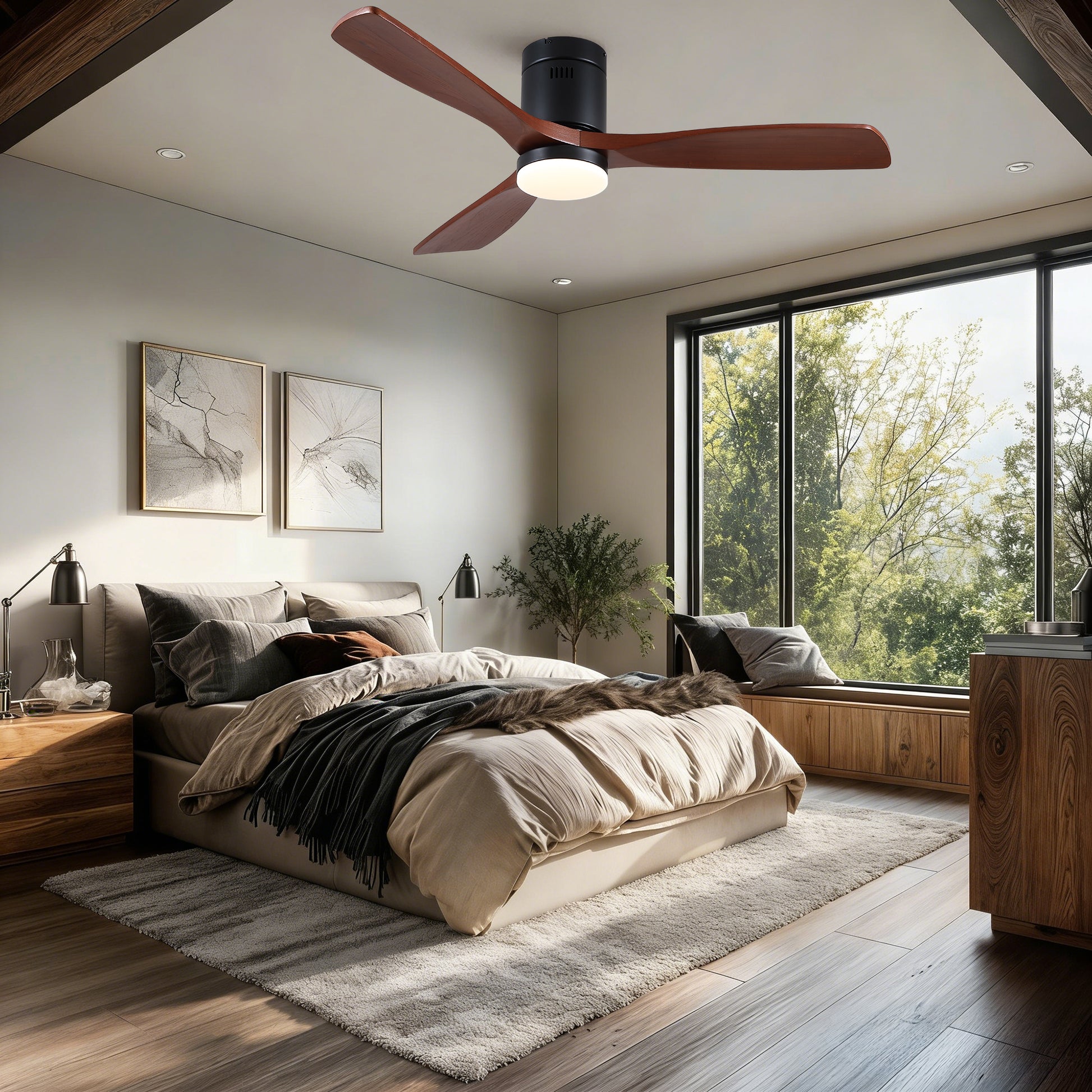 52 inch Mordern Matte Black Farmhouse Retro Solid Wood Low Profile Flush Mount Intergrated LED Ceiling Fan with Light image 4