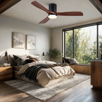 52 inch Mordern Matte Black Farmhouse Retro Solid Wood Low Profile Flush Mount Intergrated LED Ceiling Fan with Light image 4
