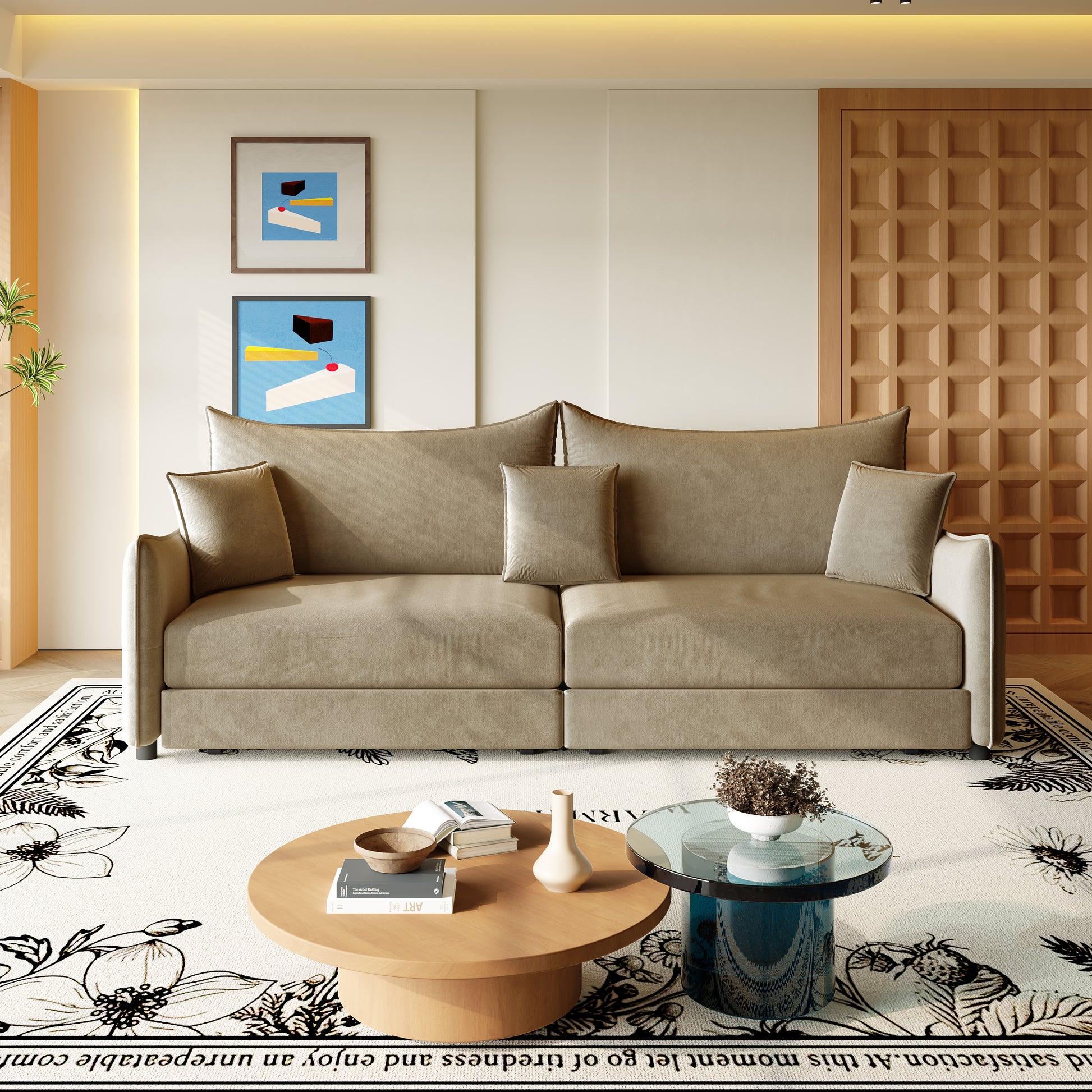 81.9" King Pull Out Sofa Bed,3-in-1 Convertible Sofa Bed with 3 Pillows & Golden Accent Detail Design, Modern Velvet 3-Seater Couch,for Small Space,Living Room,Apartment,Camel image 6