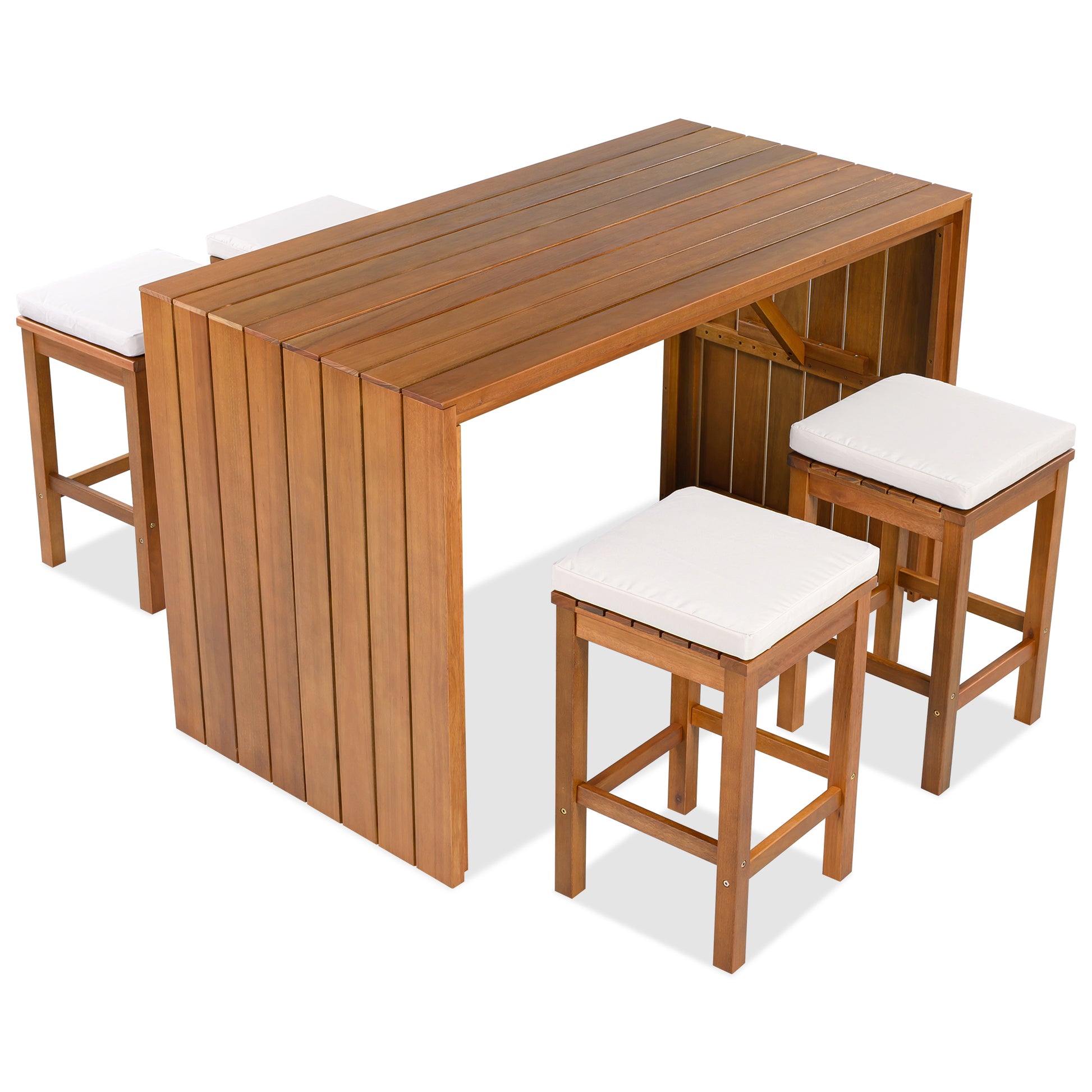 5 Piece Outdoor Bar Set, Patio Acacia Wood Bar Height Table & Four Stools with Cushions, Wood Dining Bar Set for Backyard, Poolside, Balcony, Beige Cushion and Natural Wood image 3