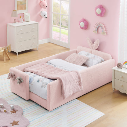 Twin Size Upholstered Platform Bed with Cute Rabbit Ear Shaped Headboard, with Safety Rail and Pocket, Boucle Fabric, Pink image 8