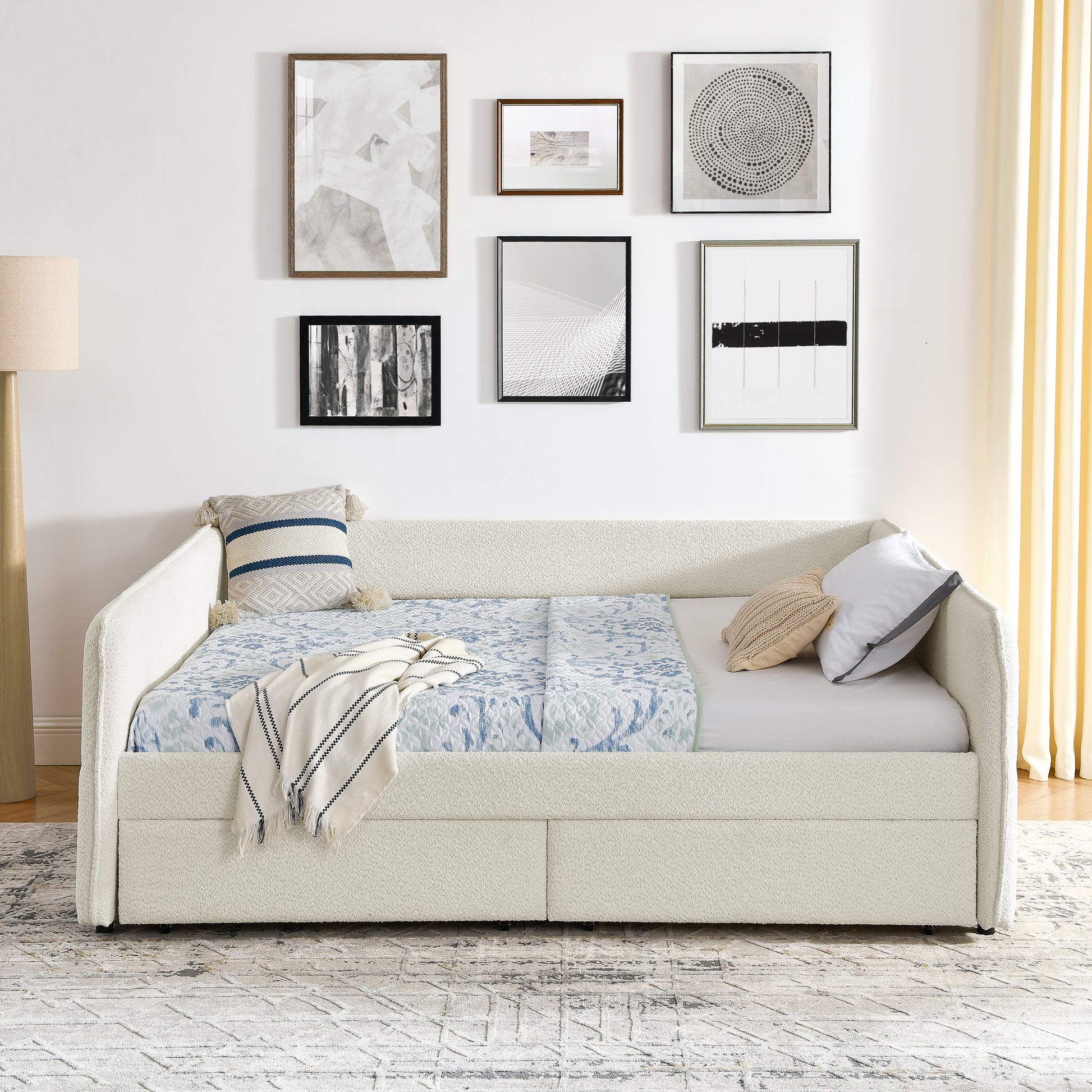 Daybed with Trundle Upholstered Tufted Sofa Bed, with Two Drawers, Queen Size, Boucle Fabric, Beige(88"x65.5"x29.5") image 6