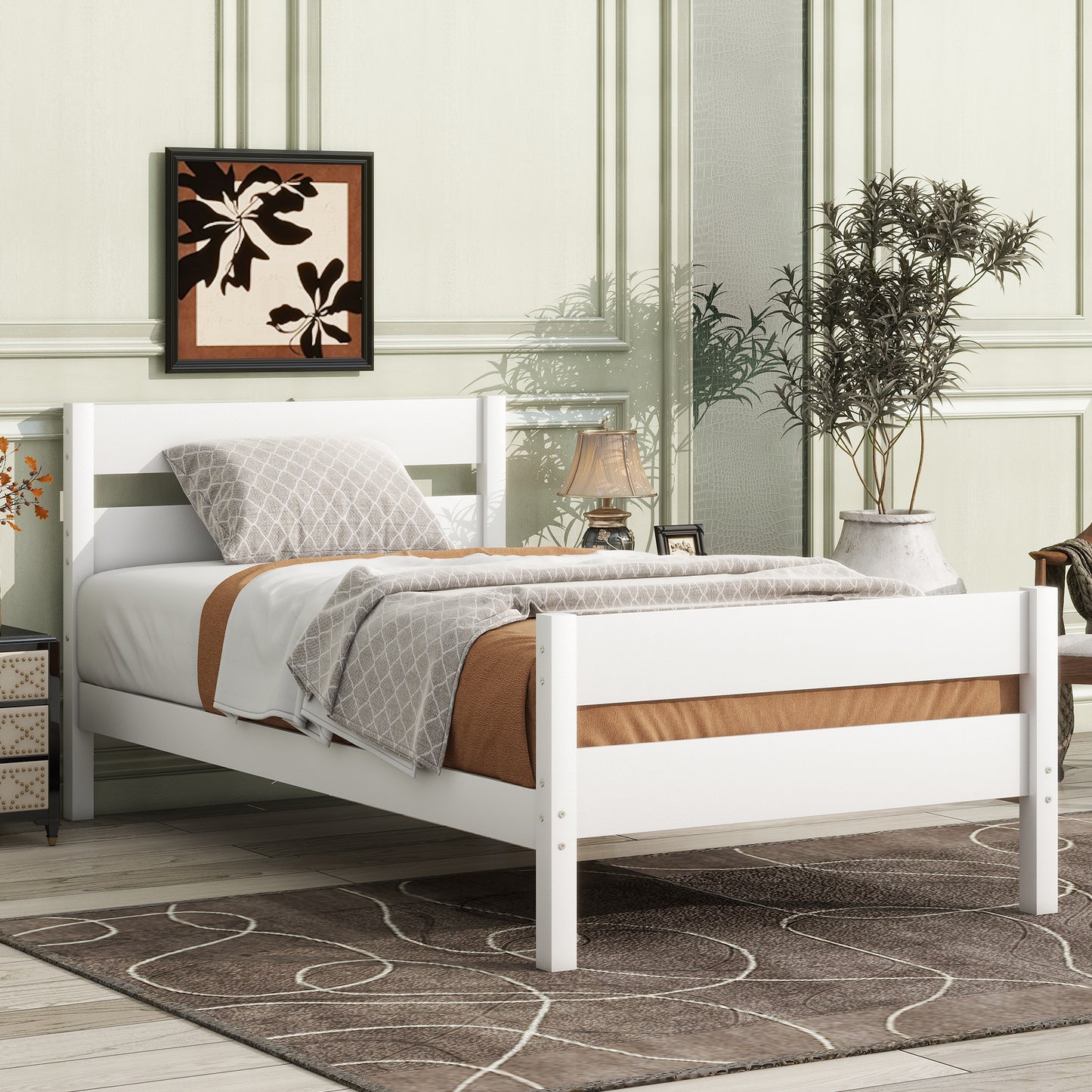 Twin Bed with Headboard and Footboard,Rubber Wood Bed,White image 8