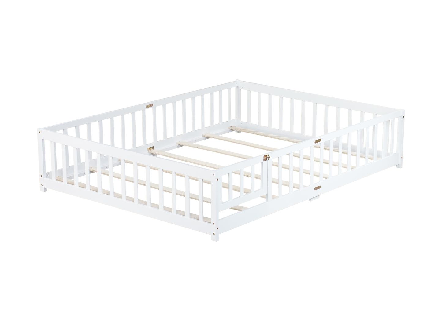 Queen Size Floor Bed with Fence,Door,Rubber Wood Floor Bed with Safety Guardrails,White image 10