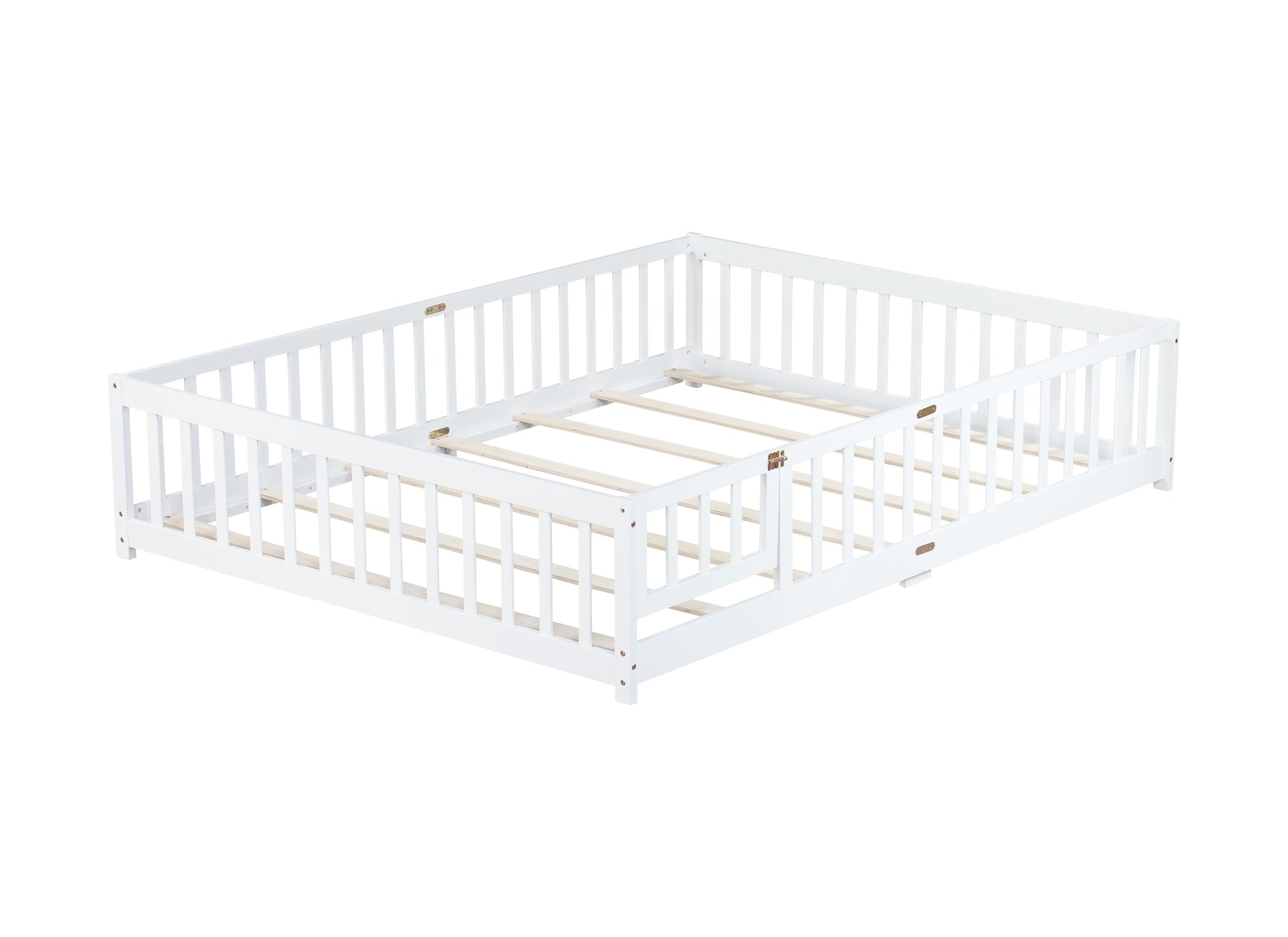 Queen Size Floor Bed with Fence,Door,Rubber Wood Floor Bed with Safety Guardrails,White image 10