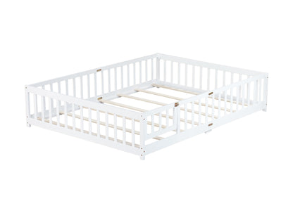 Queen Size Floor Bed with Fence,Door,Rubber Wood Floor Bed with Safety Guardrails,White image 10