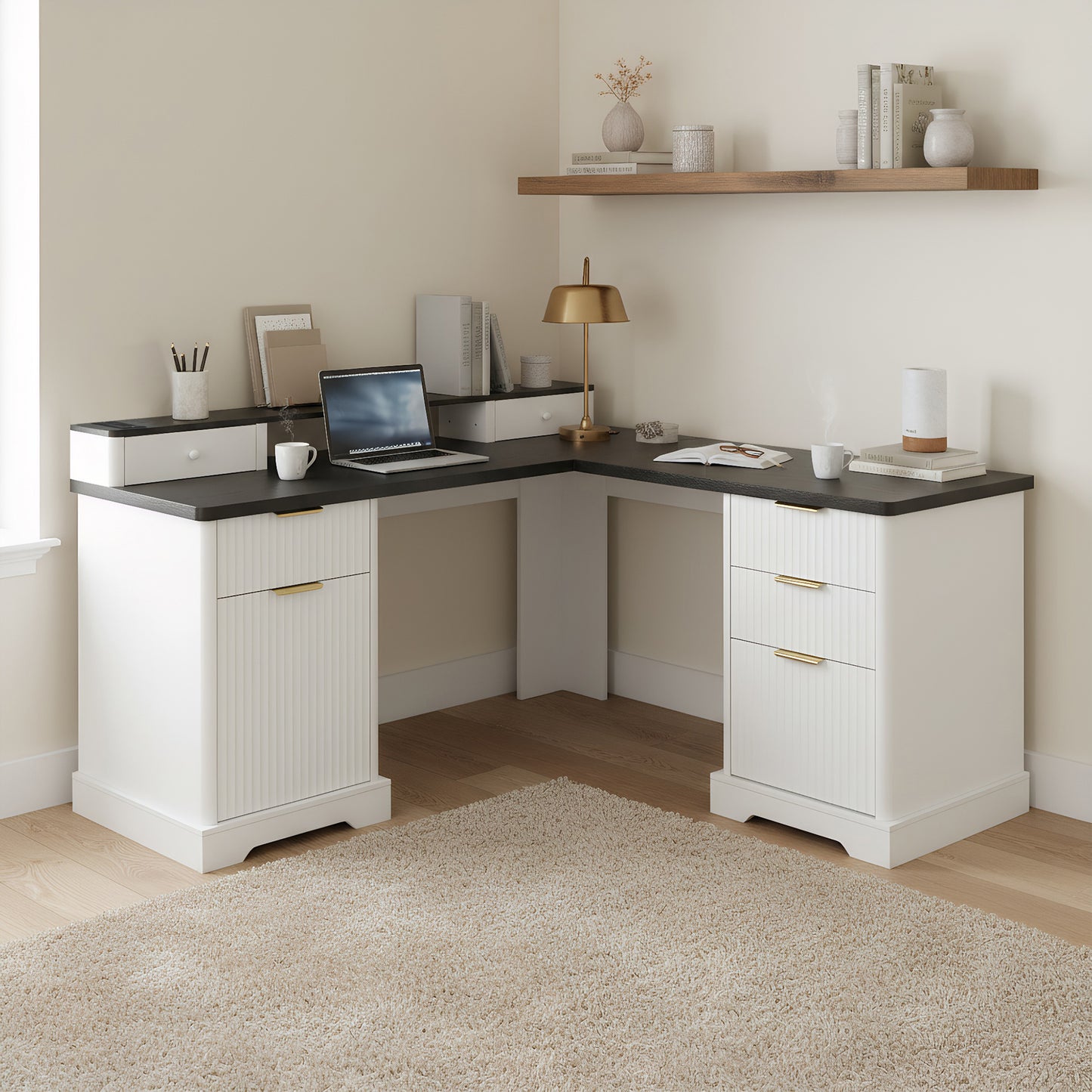 59" Modern Fluted L-Shaped Desk with Charging Station & Storage Cabinet - Home Office Computer Desk with Monitor Stand, File Drawer and Removable Support Shelf for Study, Home Office, White image 5