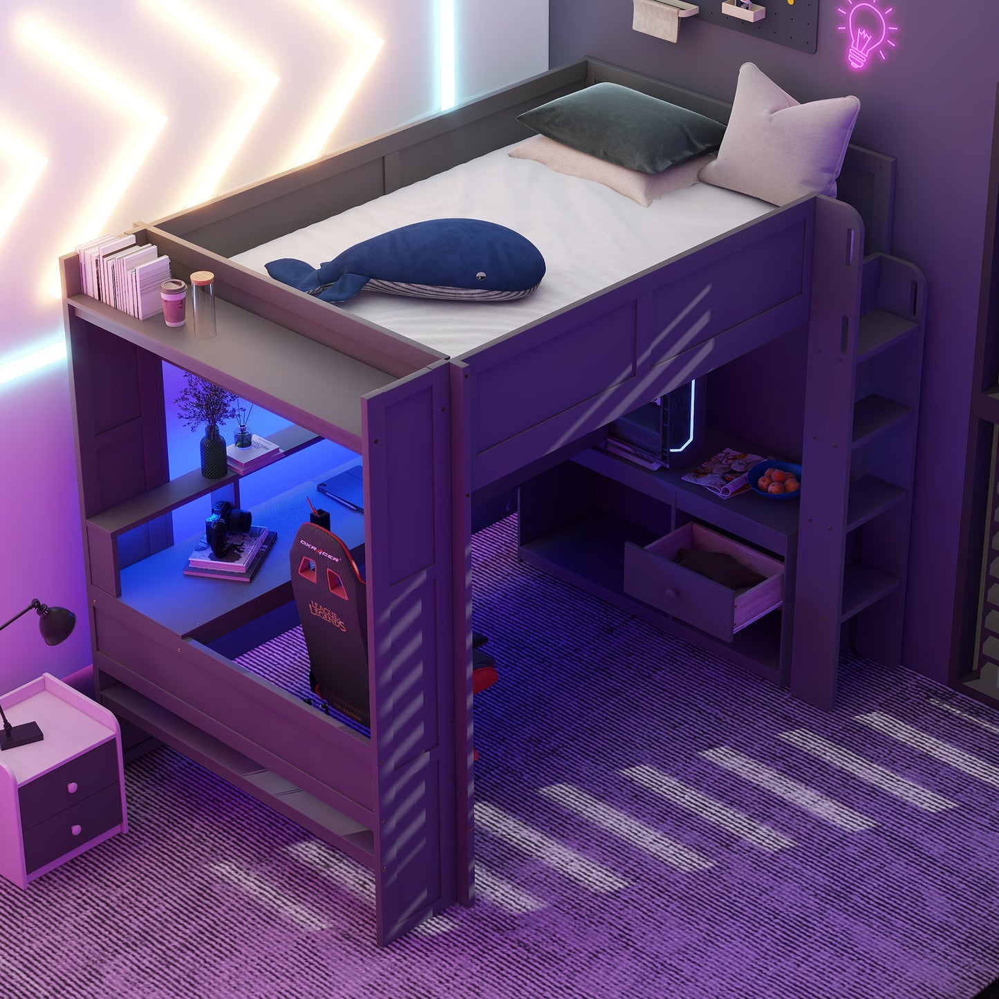 Wood Full Size Gaming Loft Bed with Desk, Multi-storage Shelves, LED and Charging Station, Dark Gray(Old SKU:SM000374AAE) image 4