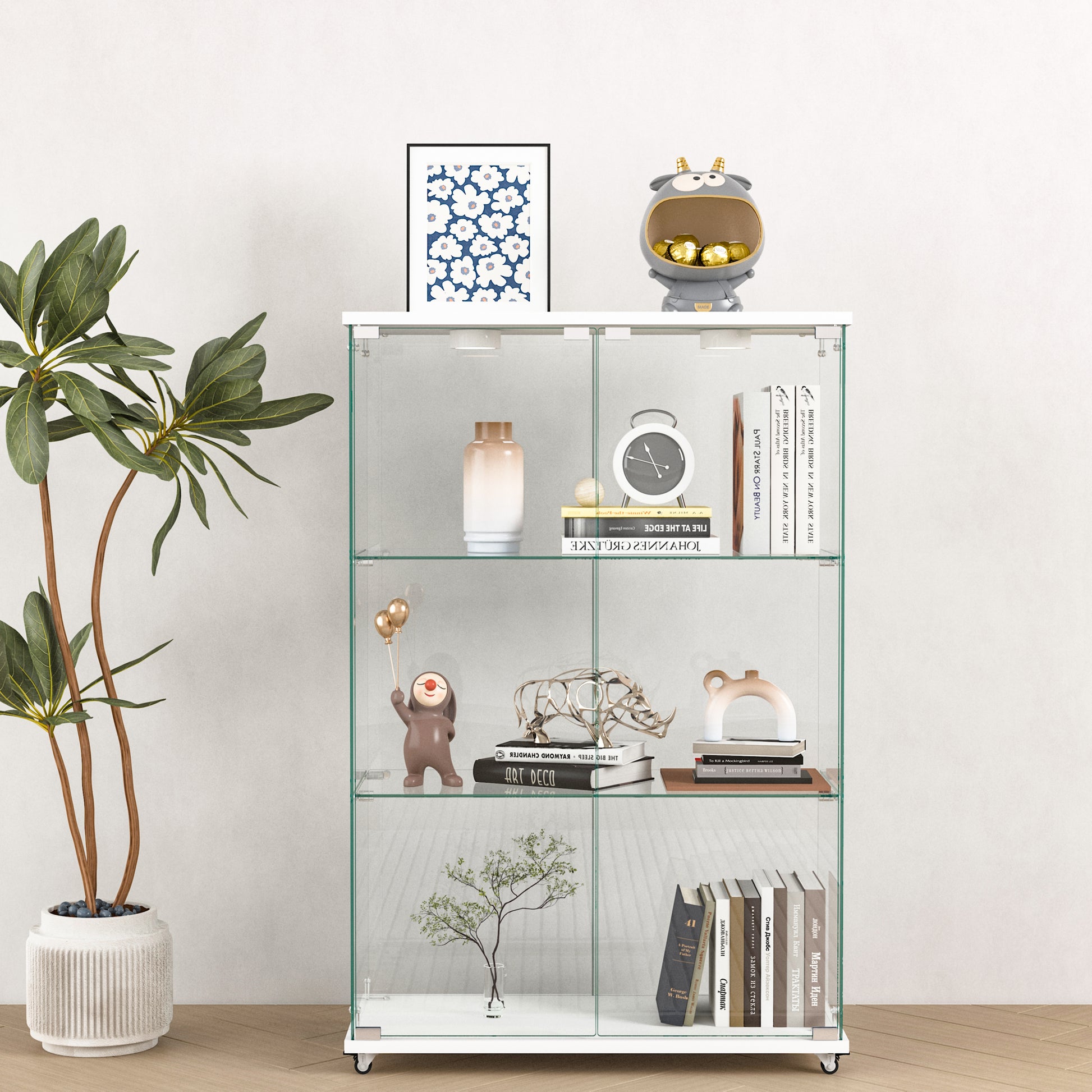 Modern Glass Display Cabinet with LED lights, Quick-assembly Antique Cabinet, Tempered Glass Bookshelf, Suitable for Living Room and Bedrooms, 2-door 3-shelf, Transparent+White (Old Sku:W241P242928) image 1