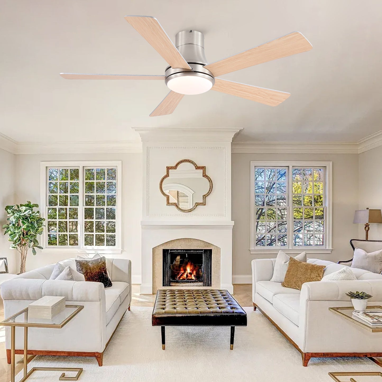 52 in. Farmhouse Brushed Nickel Integrated LED Smart Ceiling Fan with DC Remote Control for Bedroom, Living Room image 3