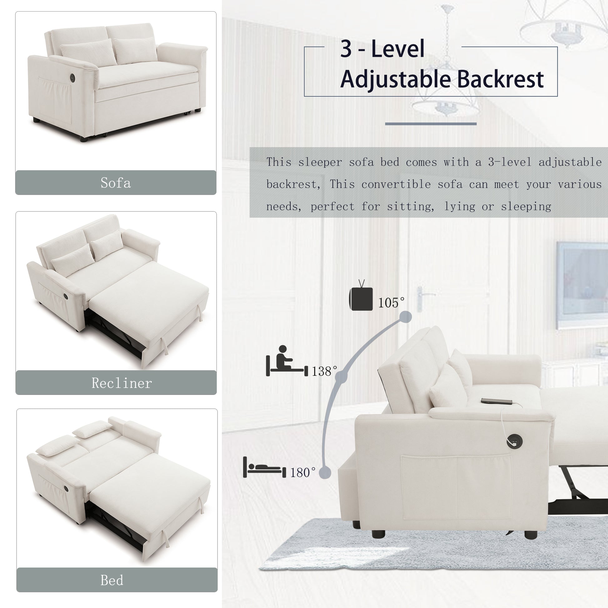 55" Velvet Two Seater Pull Out Sofa Bed, Adjustable Backrest With USB Ports, Two Side Pockets, 3 in 1 Convertible Sleeper Sofa Bed, Modern Love Seat Lounge,2 waist pillows for living rooms,BEIGE image 10