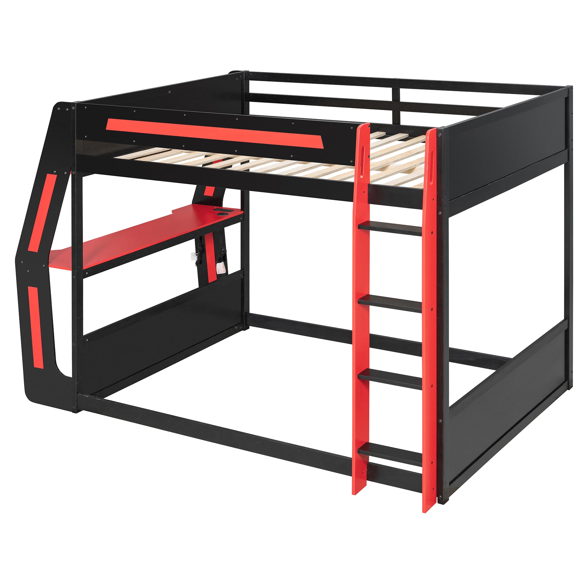 Full-Size Gaming Bunk Bed with Side-Mounted Oversized RGB Desk, USB Charging Ports & Cable Grommet, LED Light Strip, Heavy-Duty Esports Loft Frame – Cool Design-Red image 12