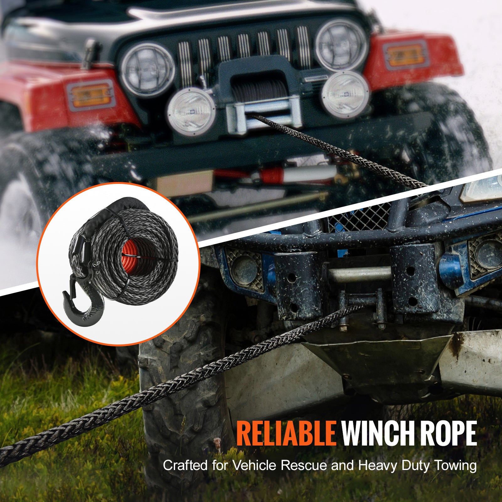 Synthetic Winch Rope, 1/2 Inch x 92 Feet 32,000 lbs Synthetic Winch Line Cable Rope with Protective Sleeve + Forged Winch Hook + Pull Strap, Universal Fit for SUV, Large Off-Road Vehicle, Truck image 9