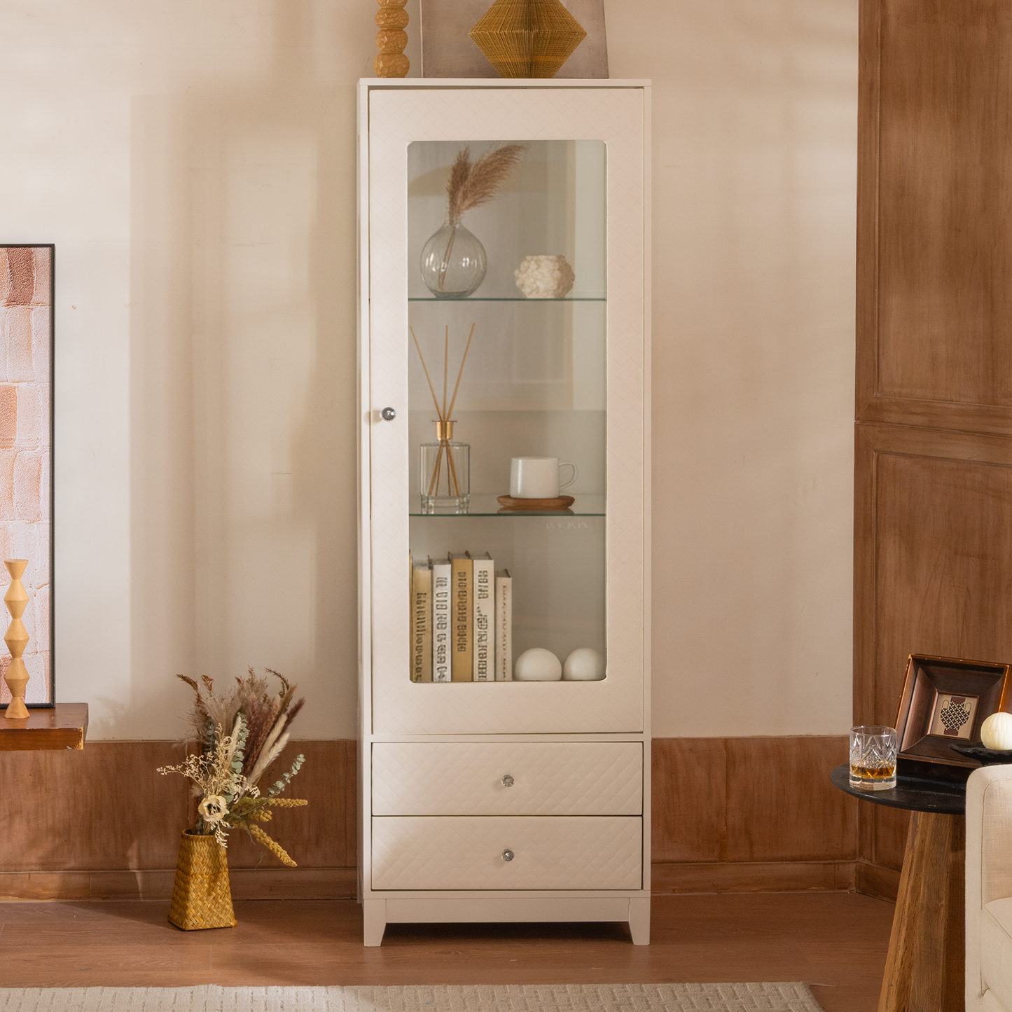 71'' Freestanding Upholstered Display Cabinet, Upholstered Glass Door Cabinet with Ceiling Light,Wine Cabinet with Adjustable Shelves, for Livingroom, Kitchen, Bar & Dining Room - White image 5