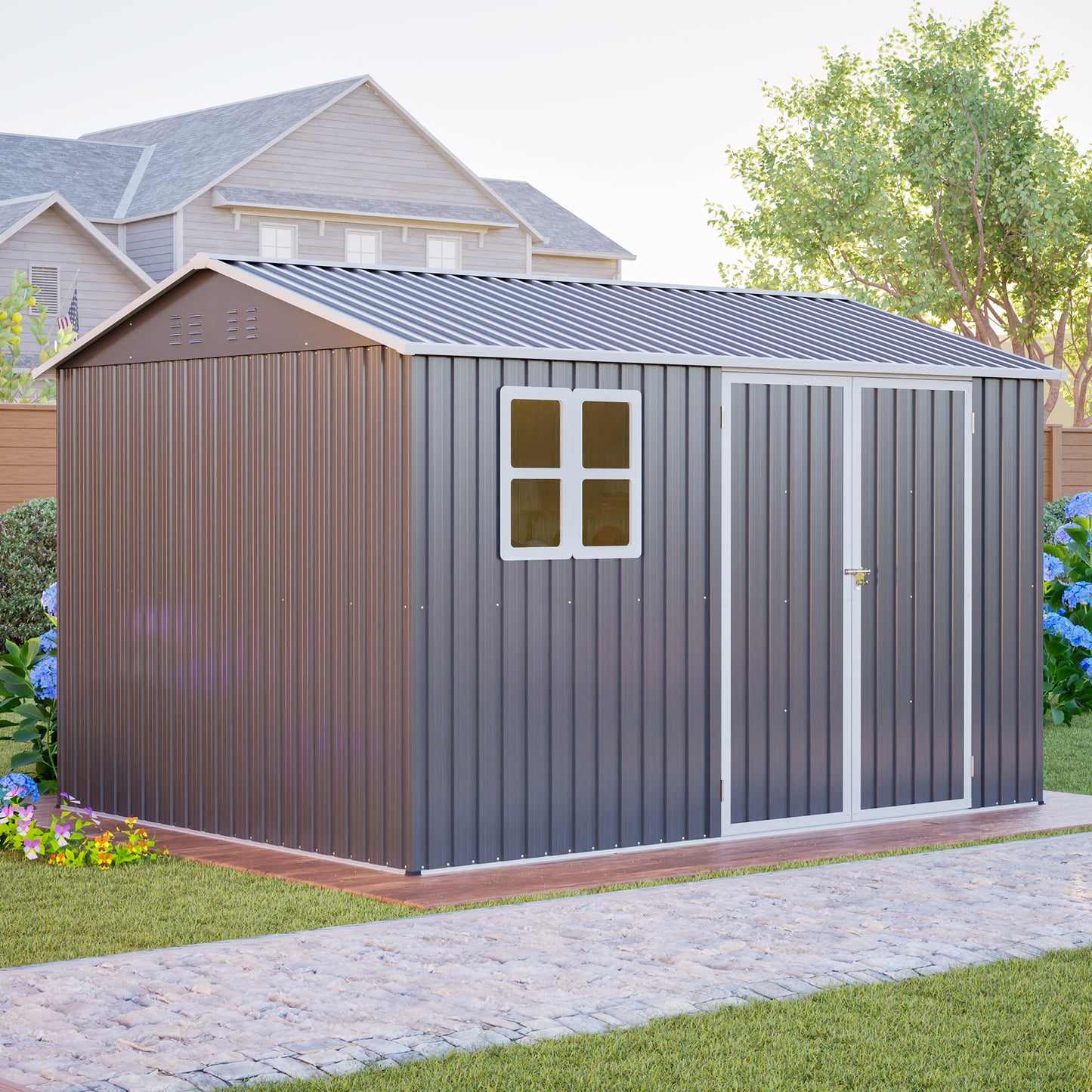 10'x8' Oversized Steel Storage Shed with Window, Lockable Doors & Sloped Roof, Heavy Duty Outdoor Tool Shed for Garden, Patio, Backyard, Lawn - Dark Gray image 11