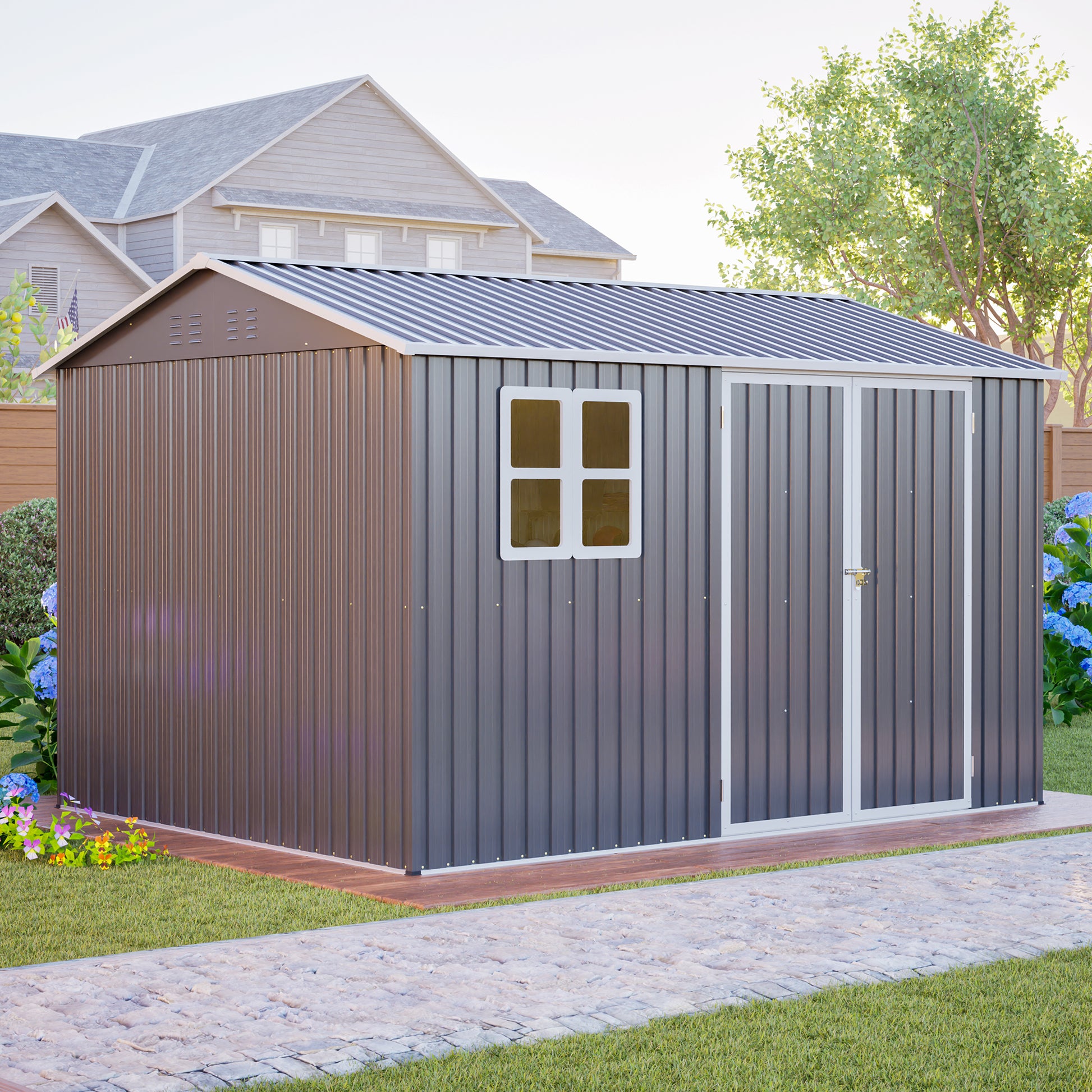 10'x8' Oversized Steel Storage Shed with Window, Lockable Doors & Sloped Roof, Heavy Duty Outdoor Tool Shed for Garden, Patio, Backyard, Lawn - Dark Gray image 11
