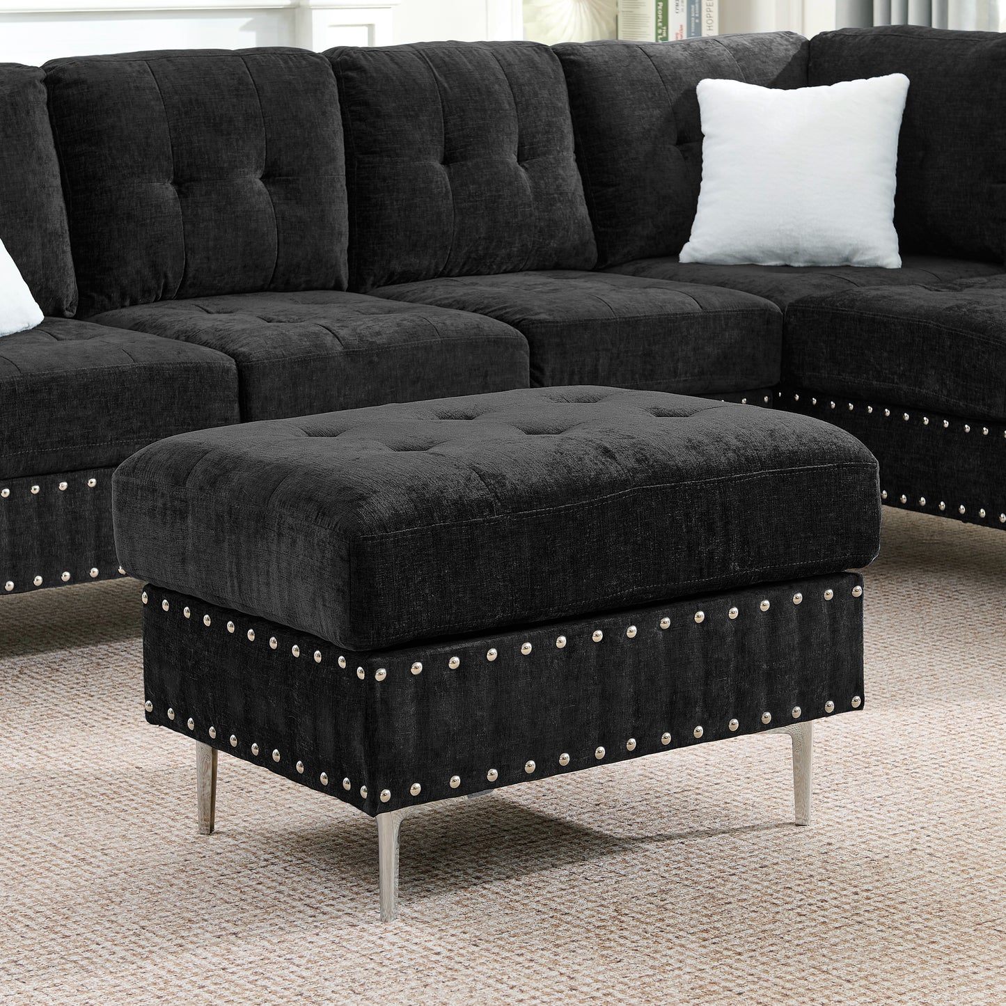 Sectional 3-Seaters Sofa with Chaise, Storage Ottoman, Metal Legs and Copper Nails,Two White Pillows,Black(102" x 76" x35") image 5